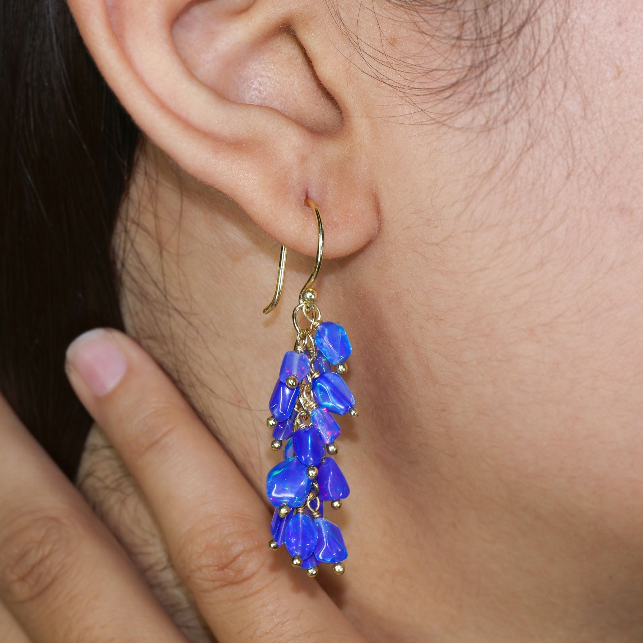 Natural Blue Opal Tumble Shape Beaded Cluster Earrings - Goodstone Jewels