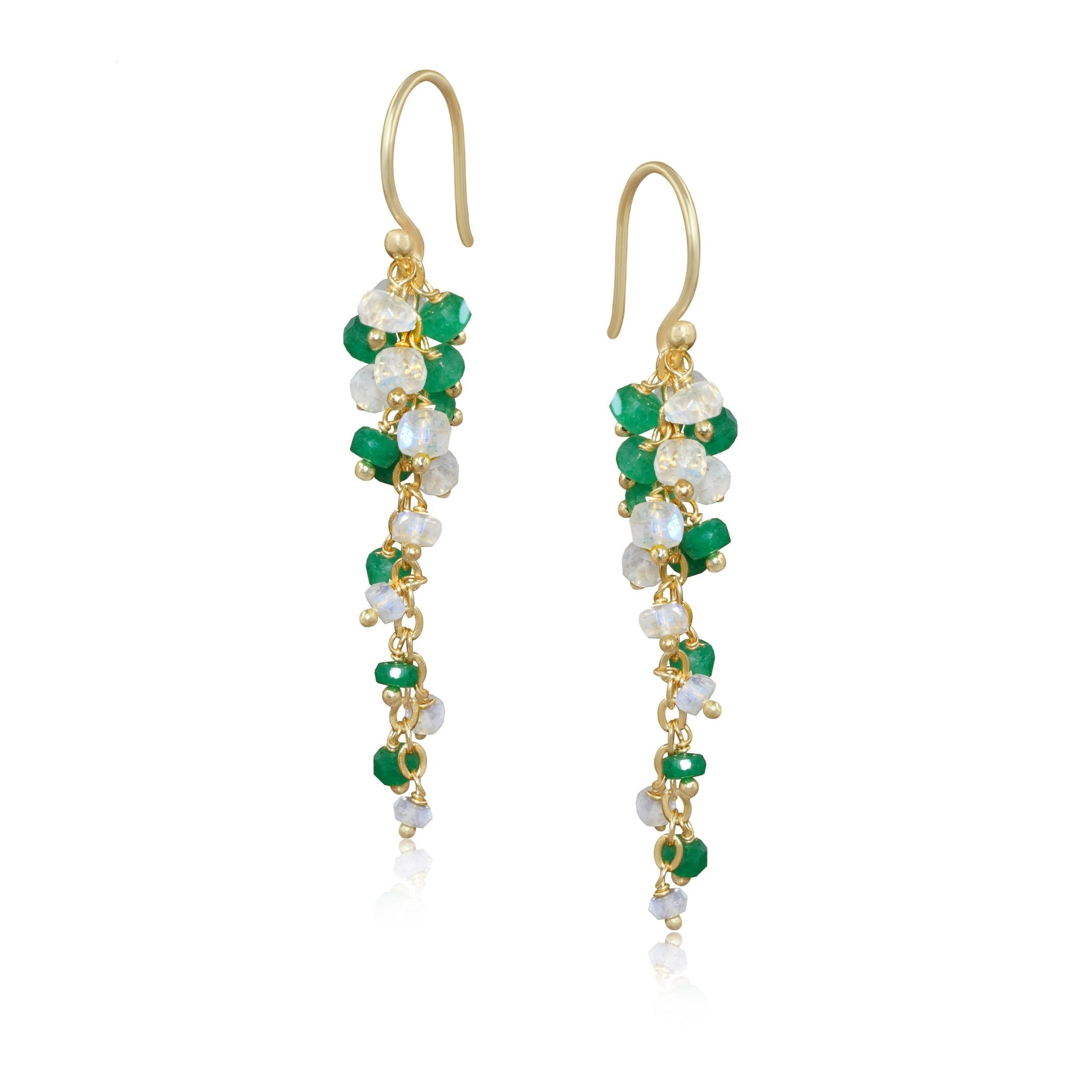 Natural Emerald and Moonstone Beaded Long Cluster Dangle Earrings - Goodstone Jewels