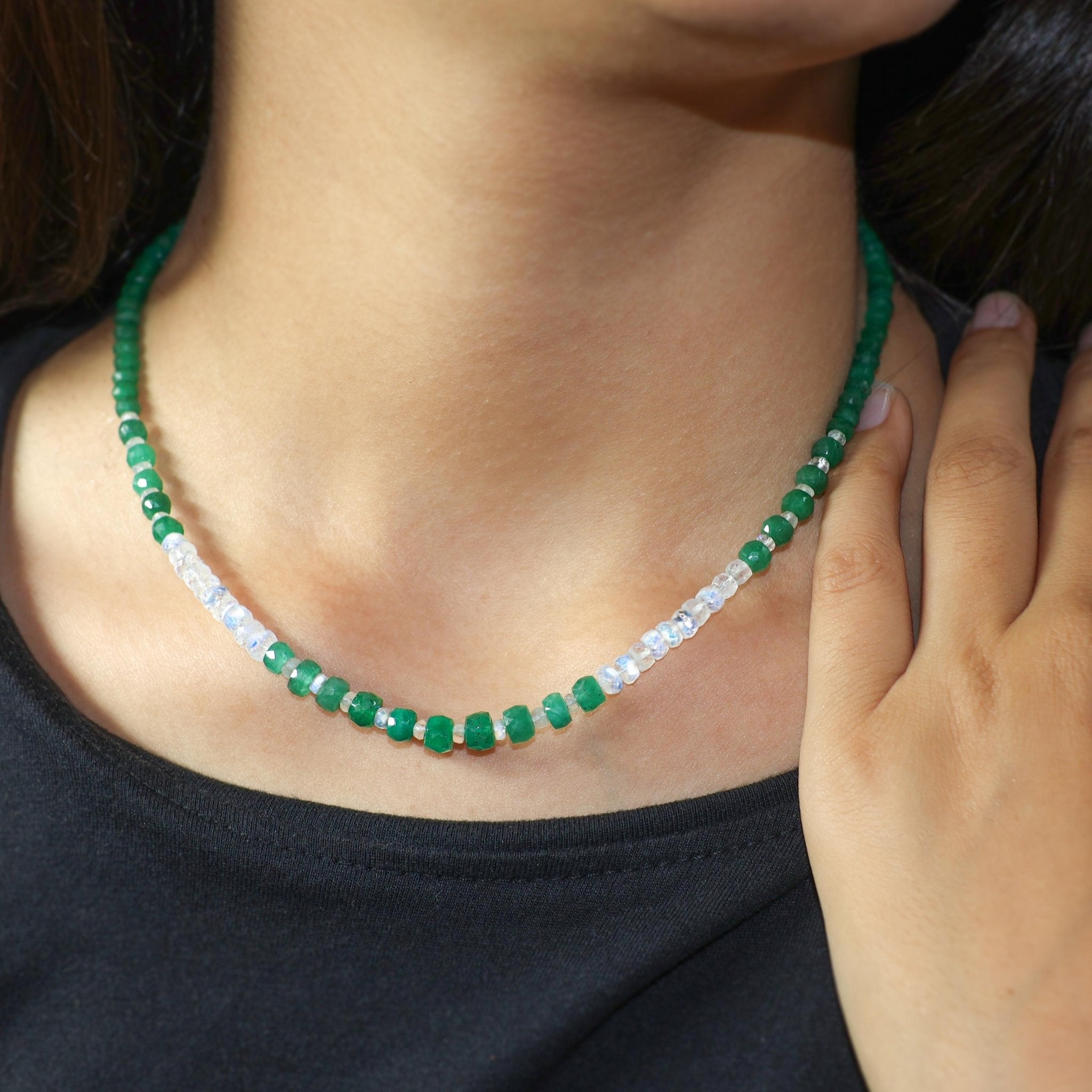 Natural Emerald and Moonstone Handmade Bead Strand Necklace - Goodstone Jewels