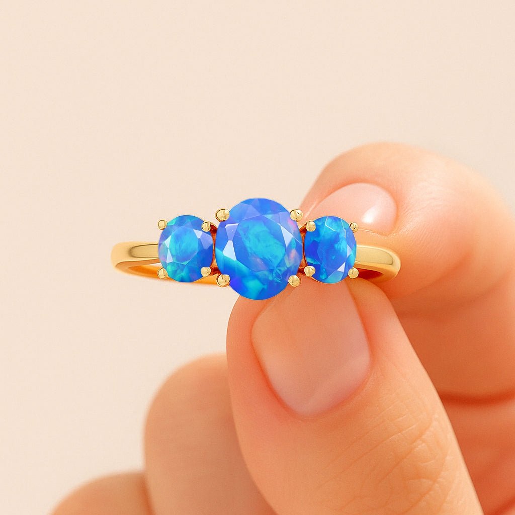 Natural Ethiopian Blue Opal Three Stone Engagement Ring - Goodstone Jewels