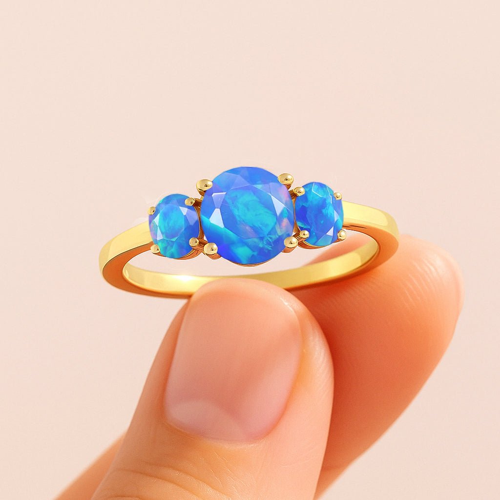 Natural Ethiopian Blue Opal Three Stone Engagement Ring - Goodstone Jewels