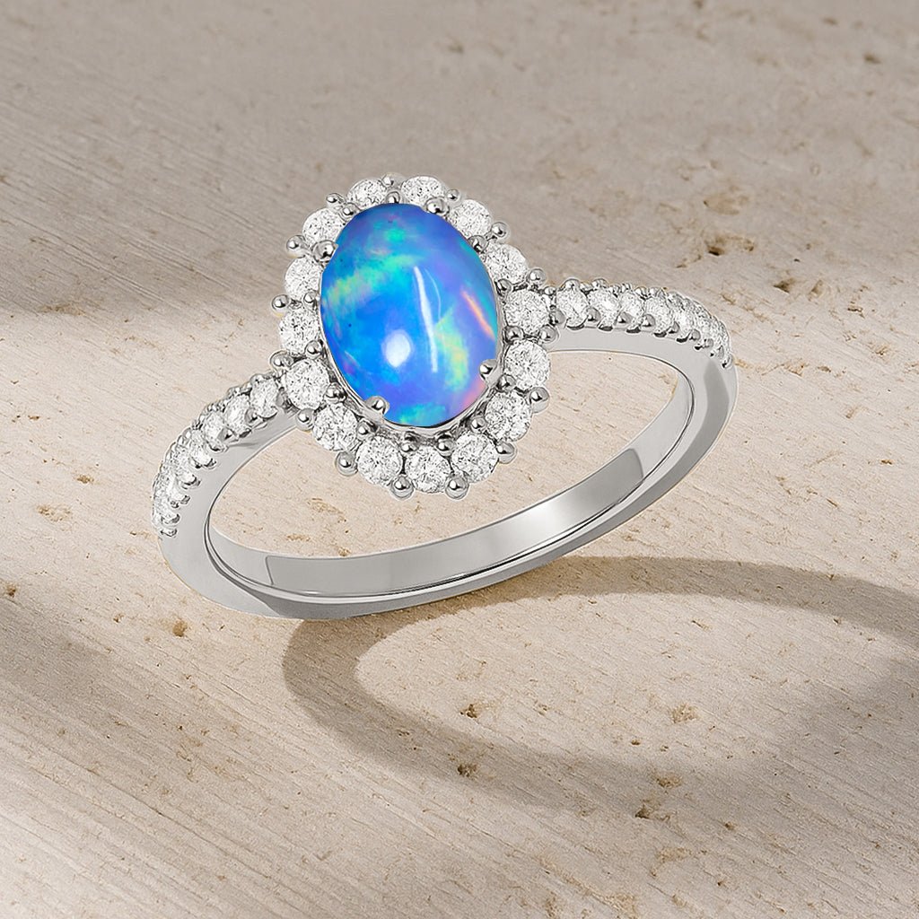 Natural Fire Blue Opal Gemstone Halo Style Ring - Goodstone Jewels