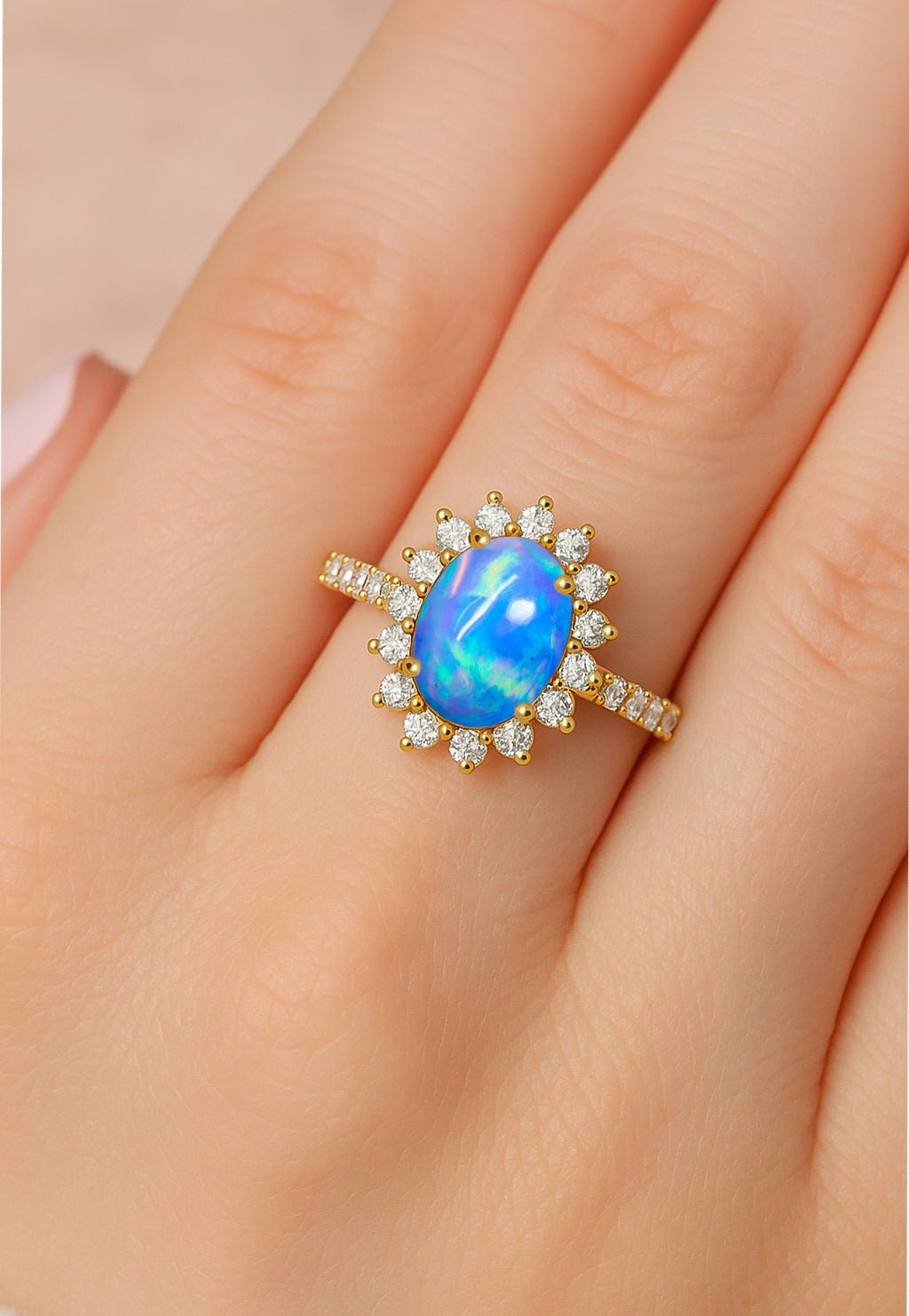 Natural Fire Blue Opal Gemstone Halo Style Ring - Goodstone Jewels