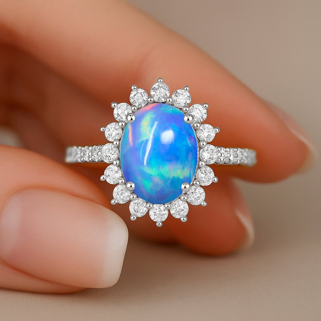 Natural Fire Blue Opal Gemstone Halo Style Ring - Goodstone Jewels