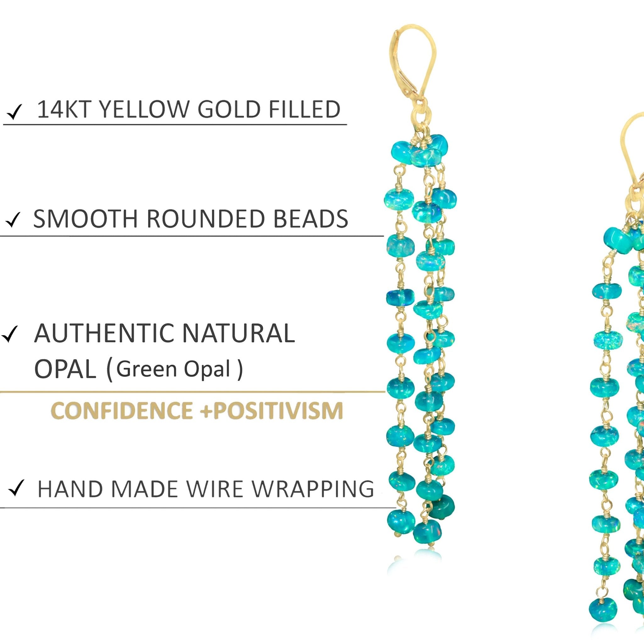 Natural Green Opal 3 Line Dangle Drop Handmade Earrings - Goodstone Jewels