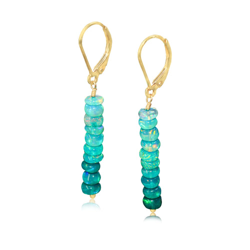 Natural Green Opal Linear Beaded Dangle Drop Earrings