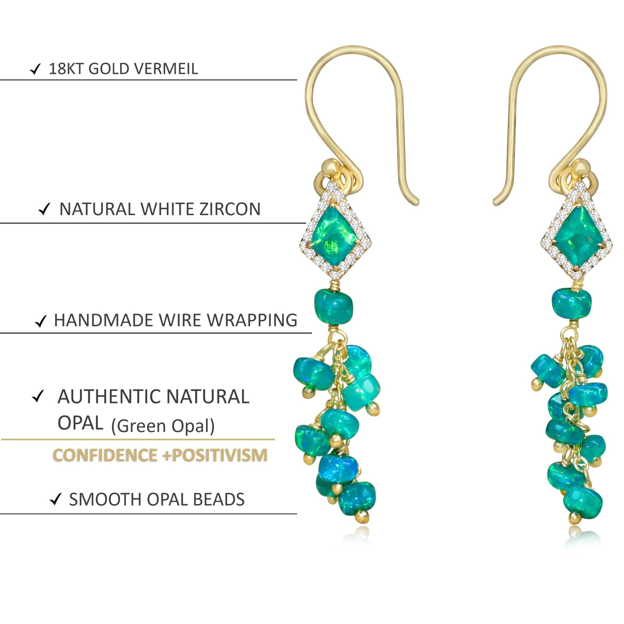 Natural Green Opal Smooth Beads with 18KT Gold Vermeil White Kite Shape Zircon Earrings - Goodstone Jewels