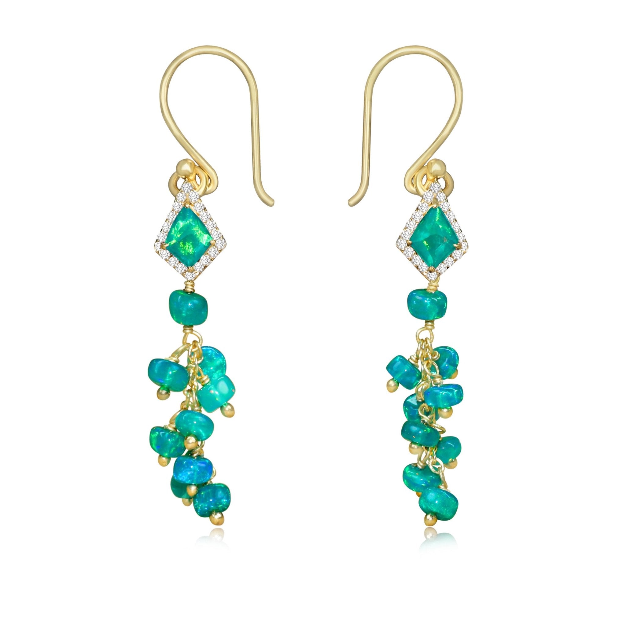 Natural Green Opal Smooth Beads with 18KT Gold Vermeil White Kite Shape Zircon Earrings - Goodstone Jewels