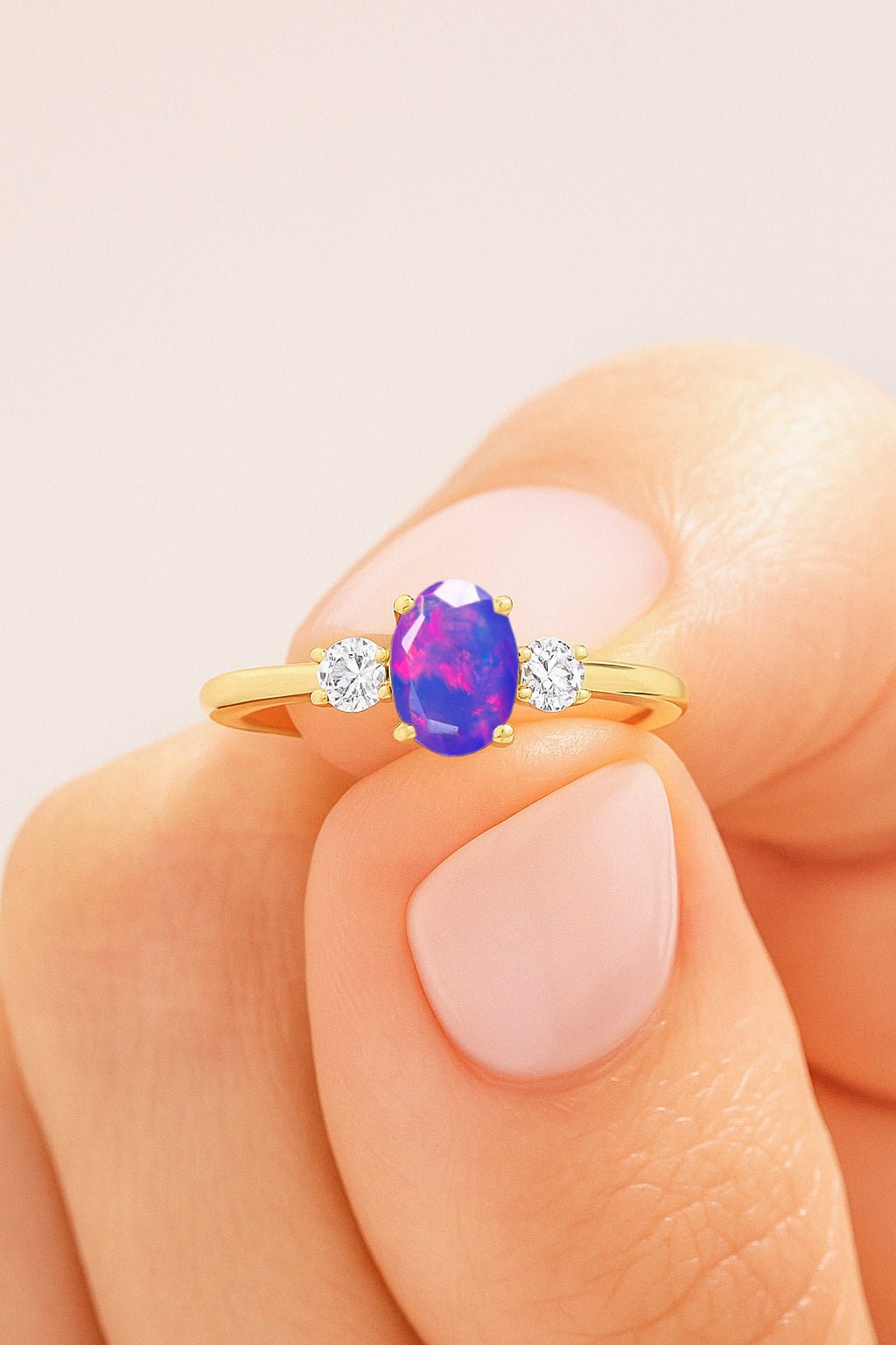 Natural Lavender Opal and White Zircon Engagement Three Stone Ring - Goodstone Jewels