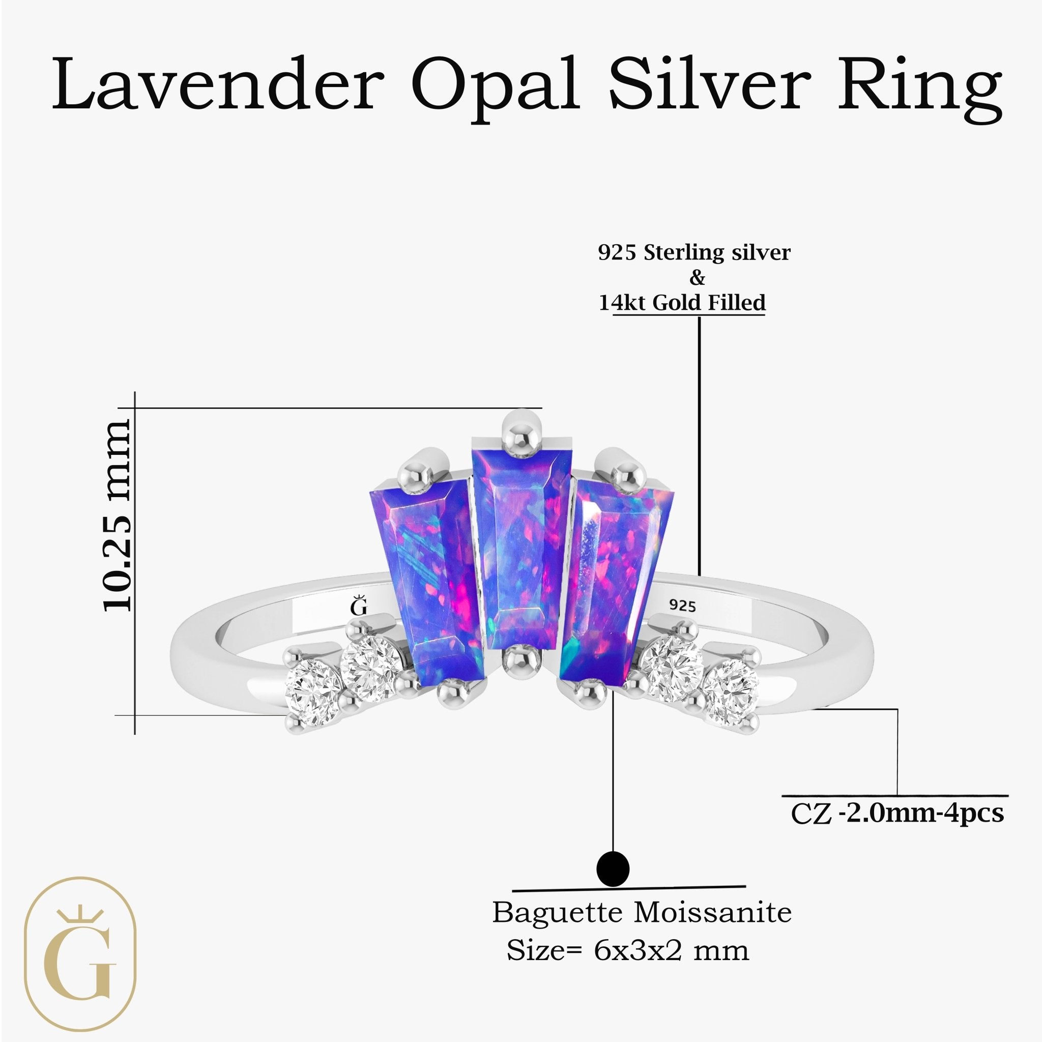 Natural Lavender Opal Baguette Stone Wishbone Crown Style Ring - Goodstone Jewels