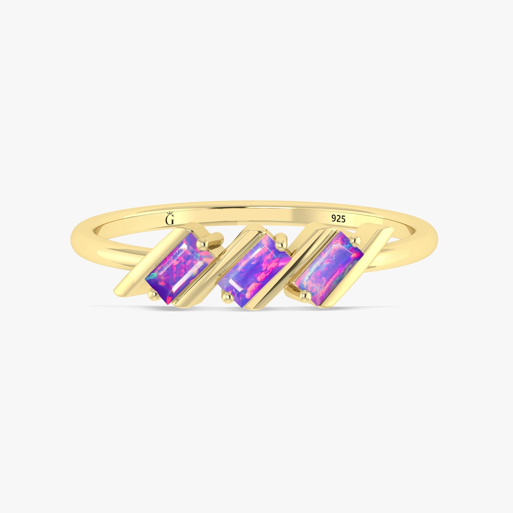 Natural Lavender Opal Baguette Style Three Stone Ring in Gold Filled & Sterling Silver - Goodstone Jewels
