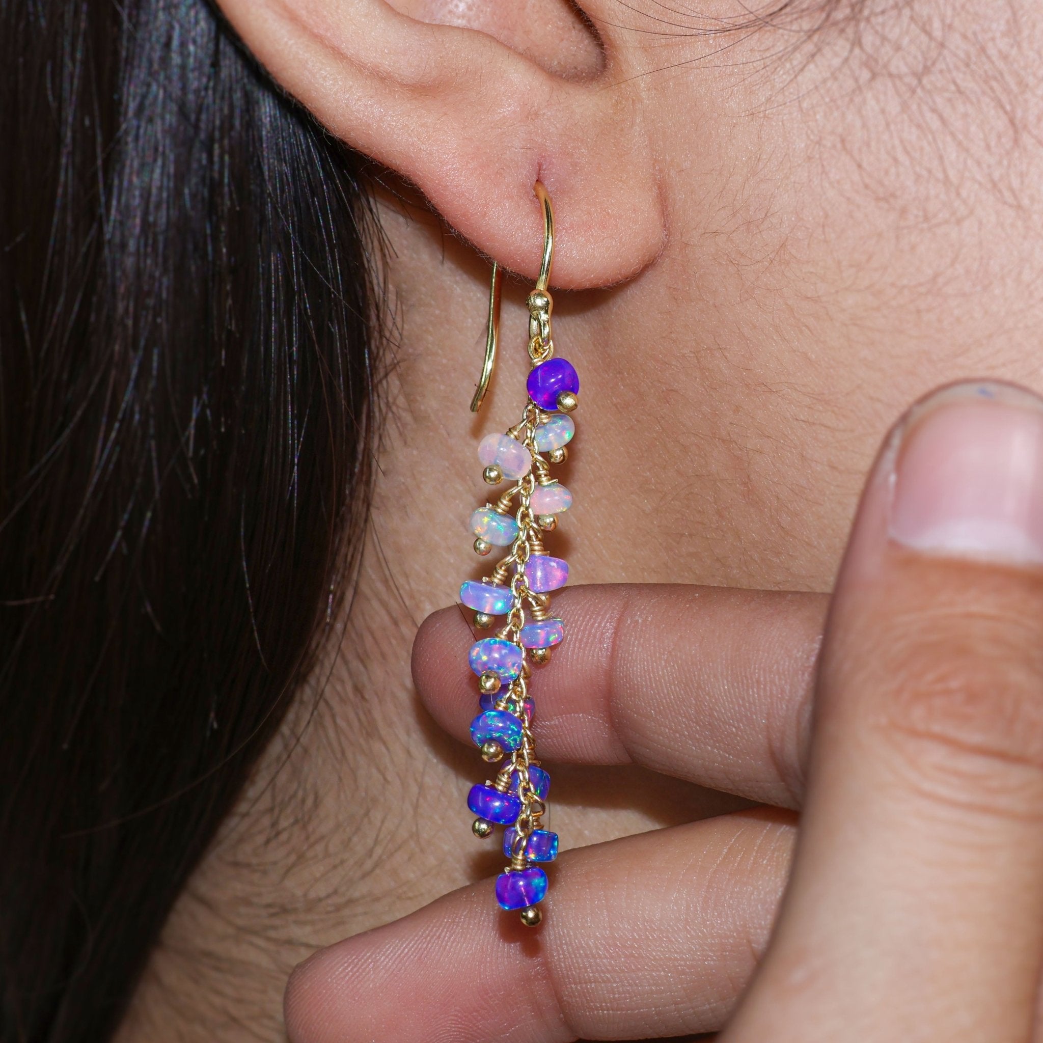 Natural Lavender Opal Beaded Long Cluster Dangle Earrings - Goodstone Jewels