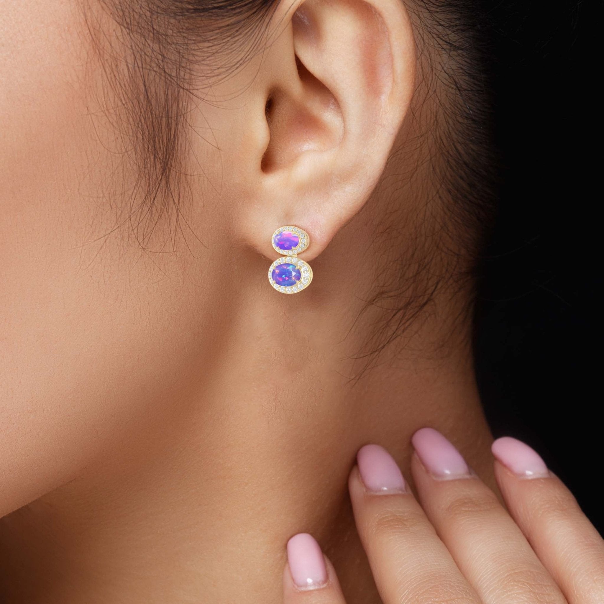 Natural Lavender Opal Dual Stone Halo Stud Earrings - Goodstone Jewels
