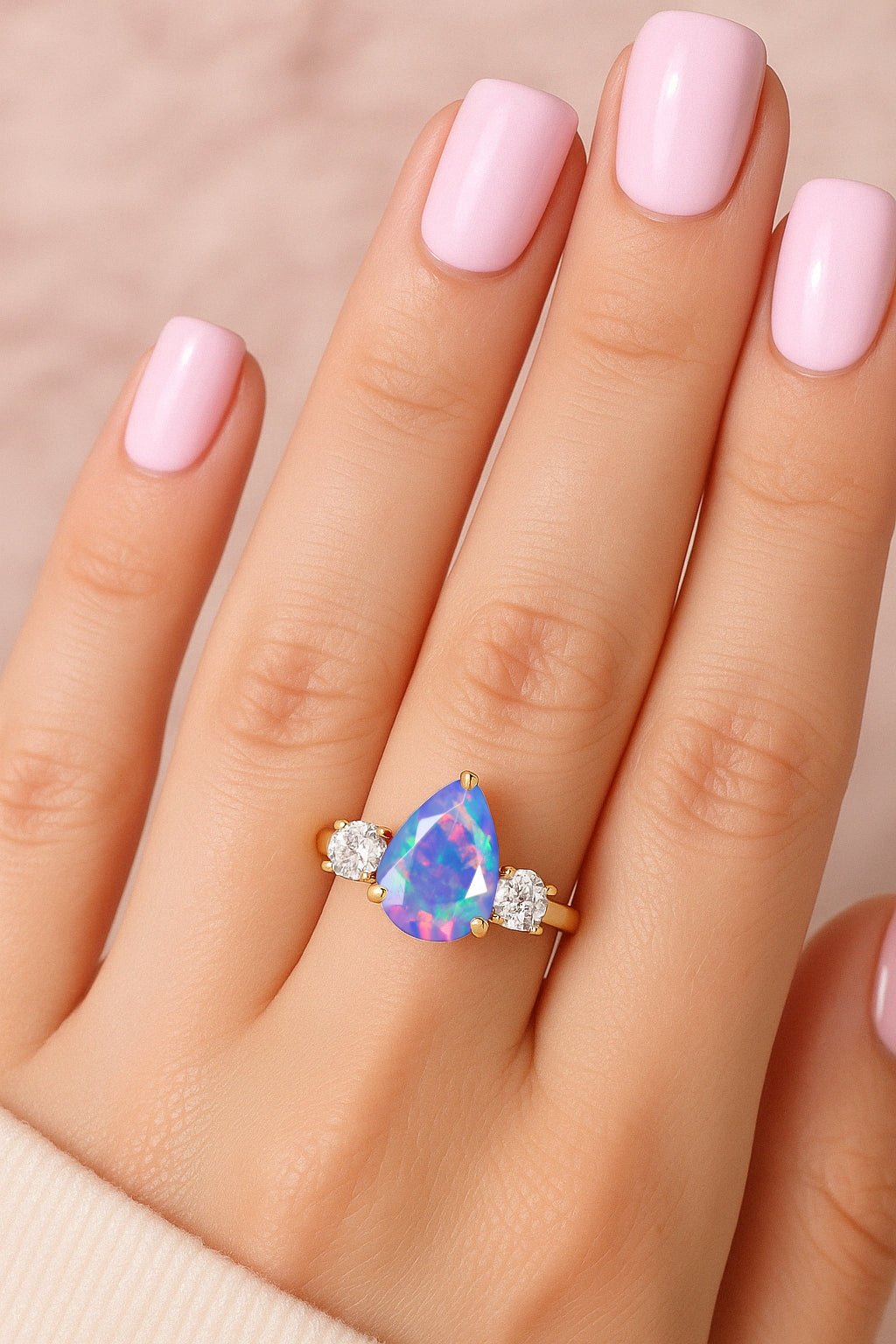 Natural Lavender Opal Pear Shape with Zircon Three Stone Statement Ring - Goodstone Jewels