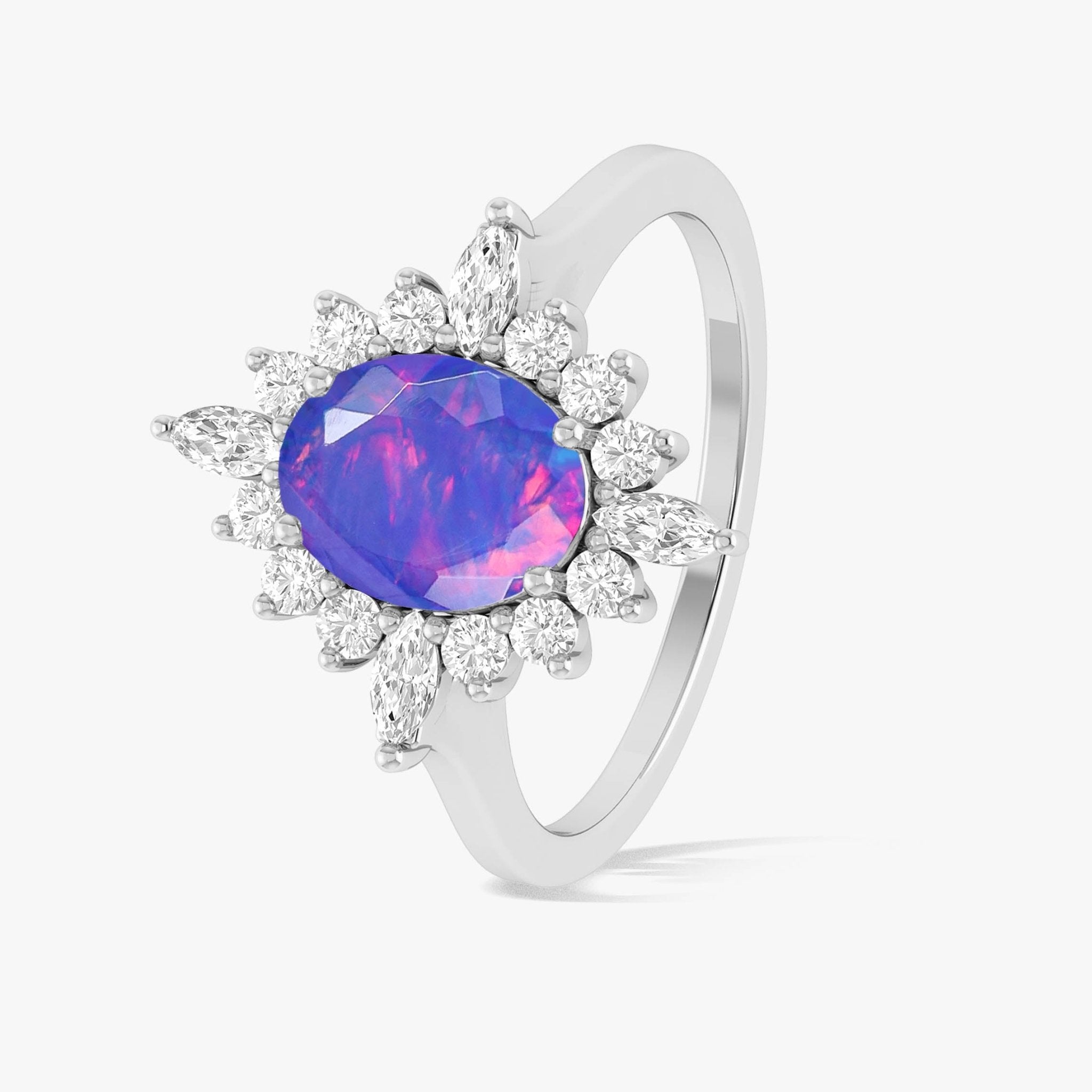 Natural Lavender Opal with White Zircon Halo Ring in Silver & Yellow Gold Filled - Goodstone Jewels