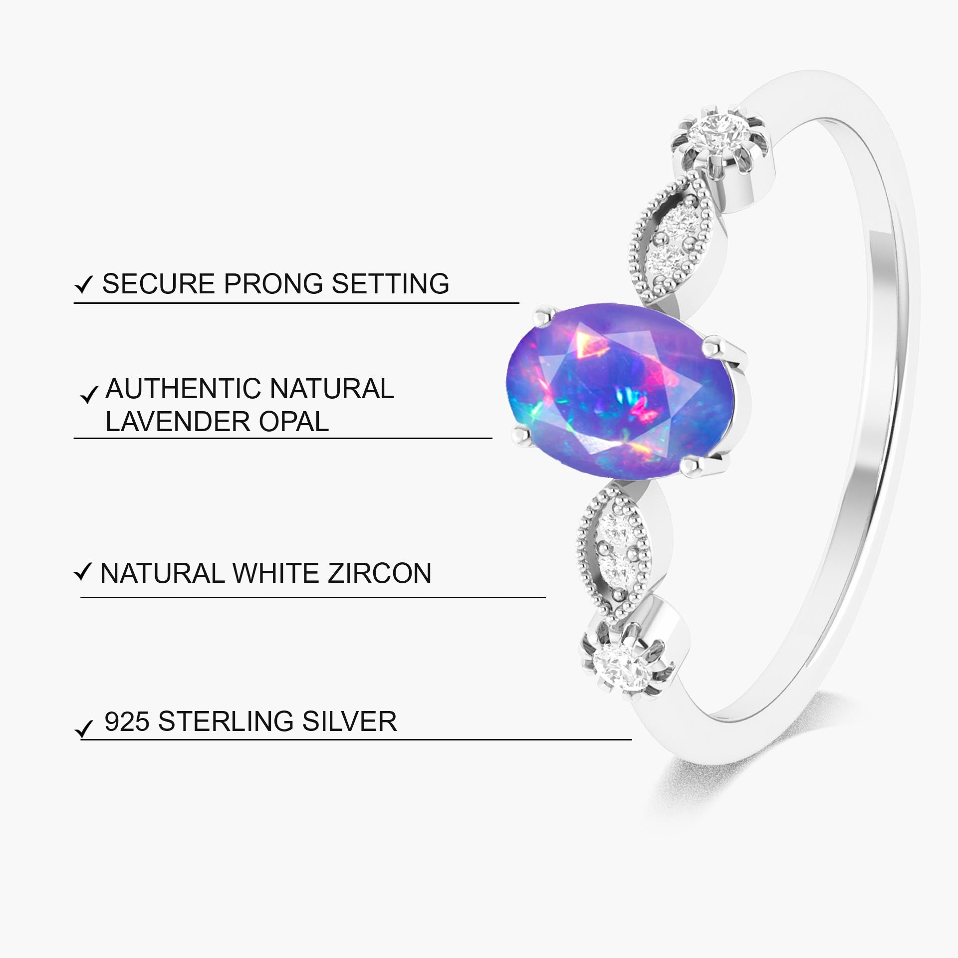 Natural Lavender Opal with White Zircon Side Stone Solitaire Ring - Goodstone Jewels