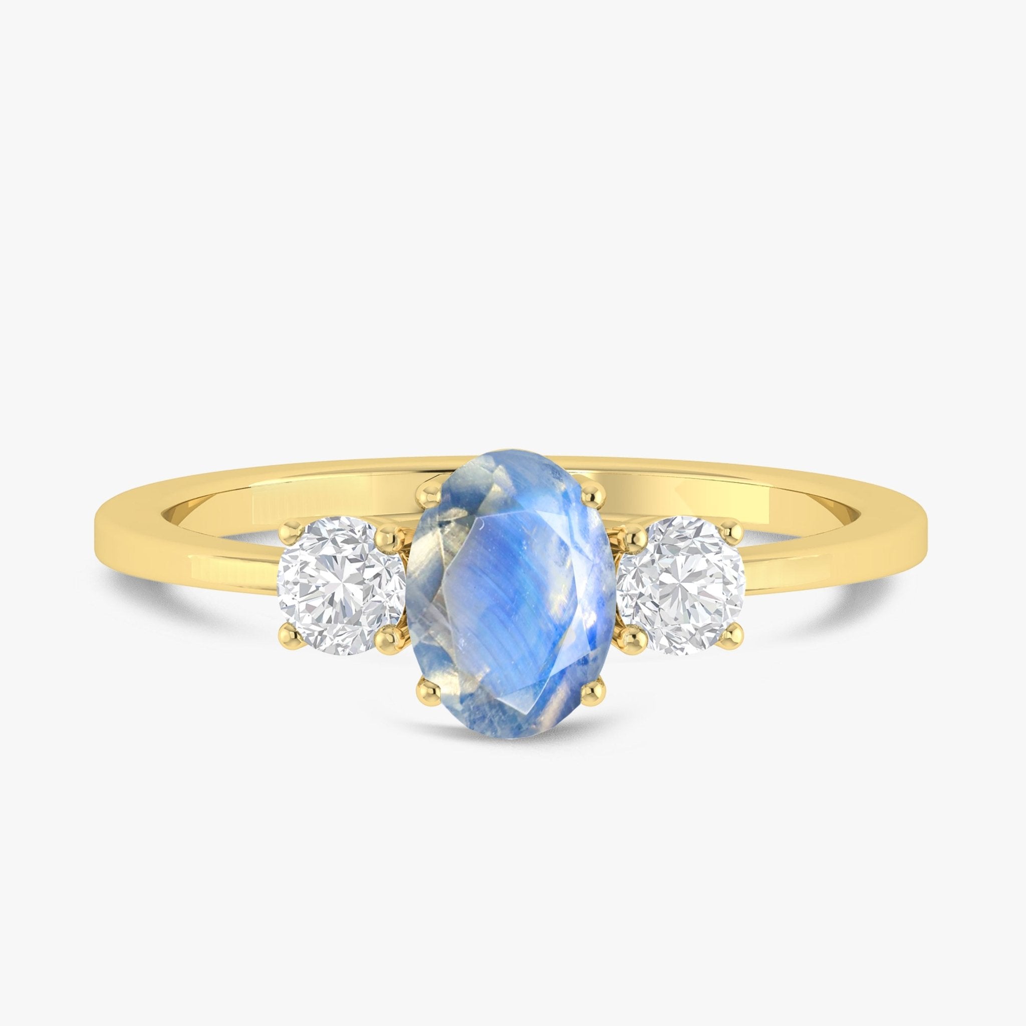 Natural moonstone ring three stone design with zircon accents, elegant opal ring style