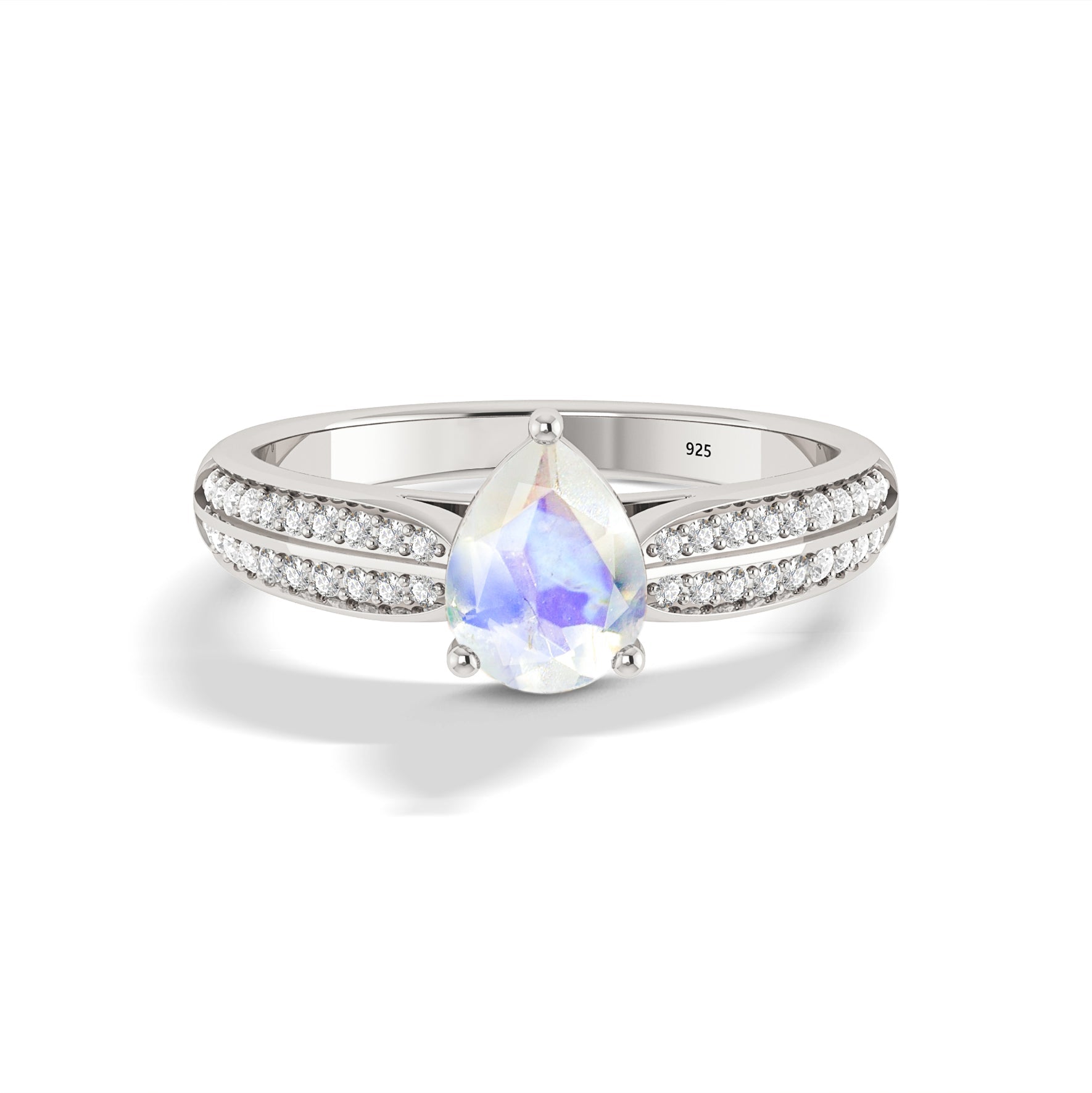 Natural moonstone ring solitaire with white zircon accents in gold plated rings style