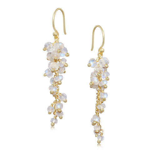 Natural Moonstone Beaded Long Cluster Dangle Earrings