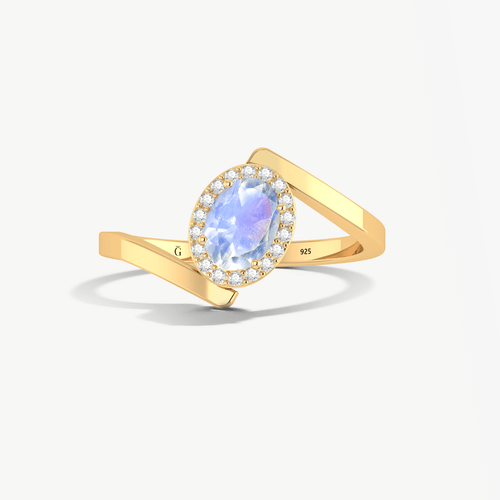 Moonstone Oval Bypass Ring with Halo Design