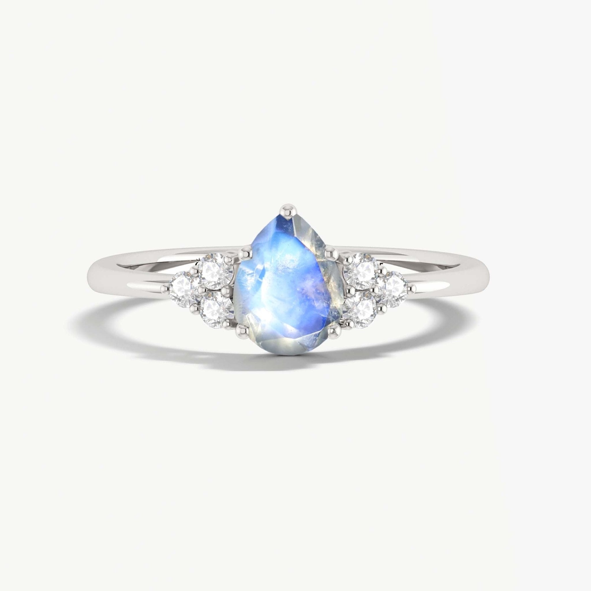 Natural Moonstone Pear Shape & White Zircon Solitaire with Accents Ring - Goodstone Jewels