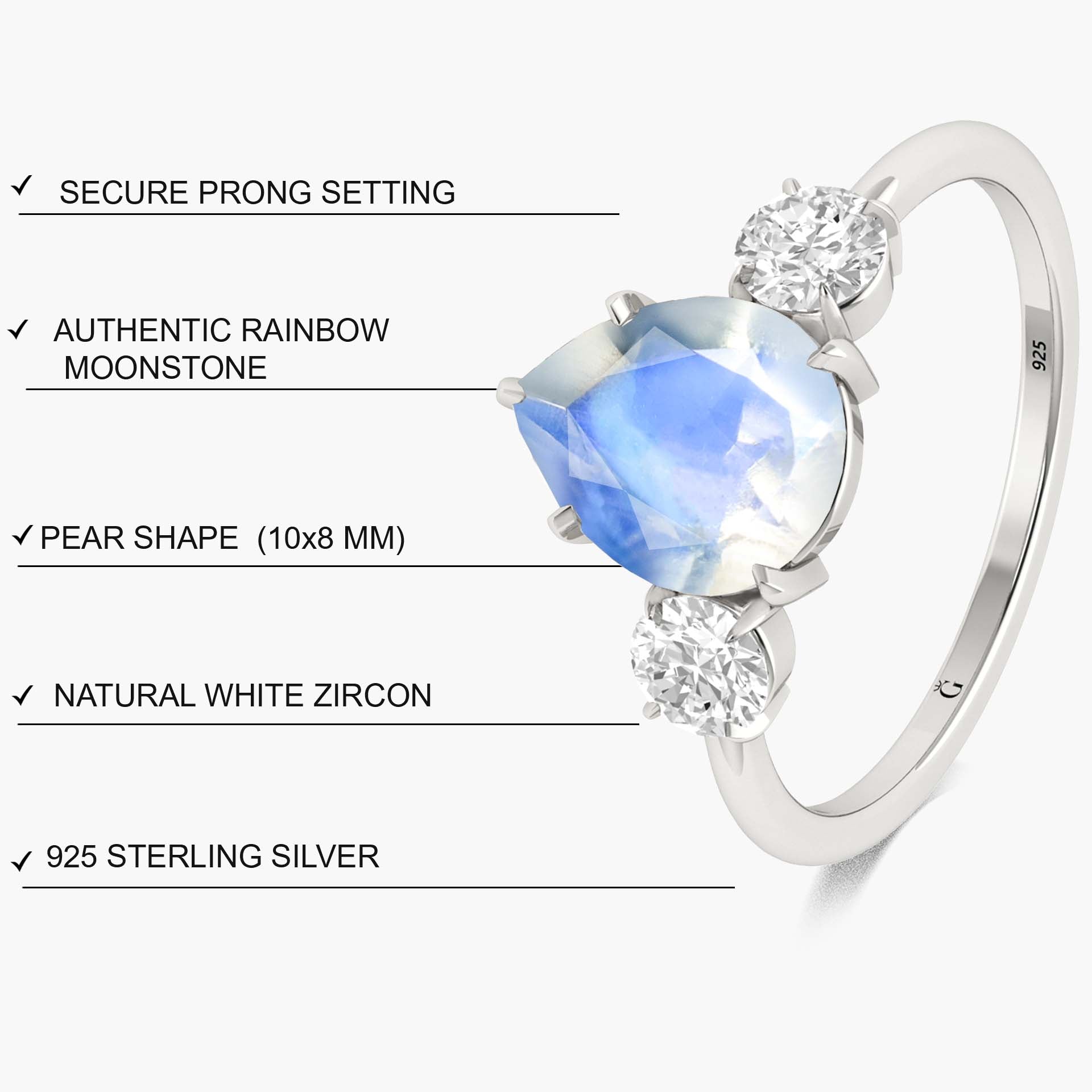 Natural Moonstone Pear Shape with Zircon Three Stone Statement Ring - Goodstone Jewels