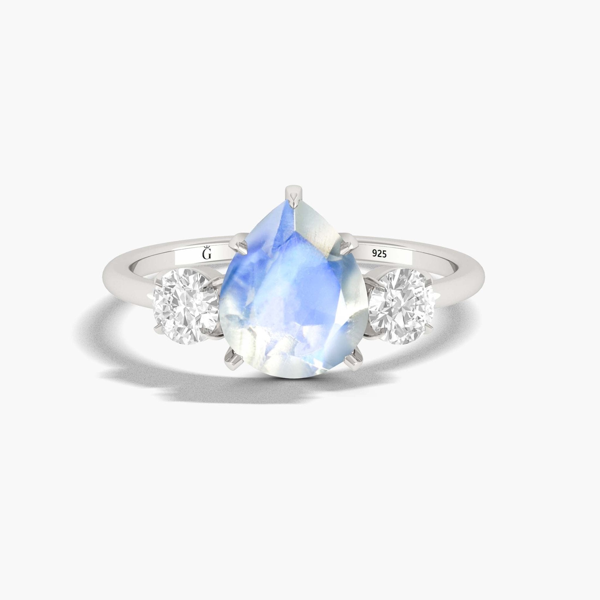 Natural Moonstone Pear Shape with Zircon Three Stone Statement Ring - Goodstone Jewels