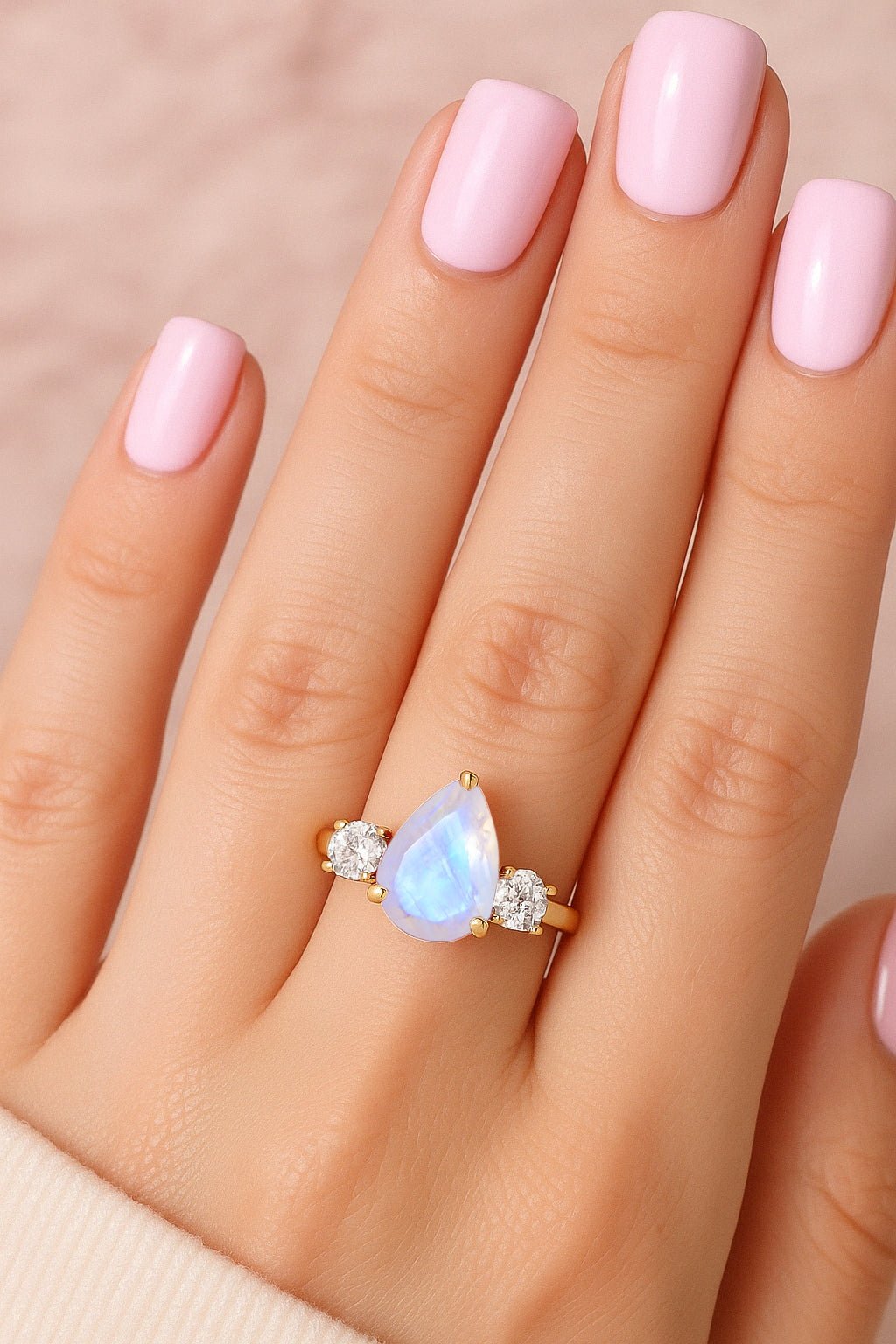 Natural Moonstone Pear Shape with Zircon Three Stone Statement Ring - Goodstone Jewels