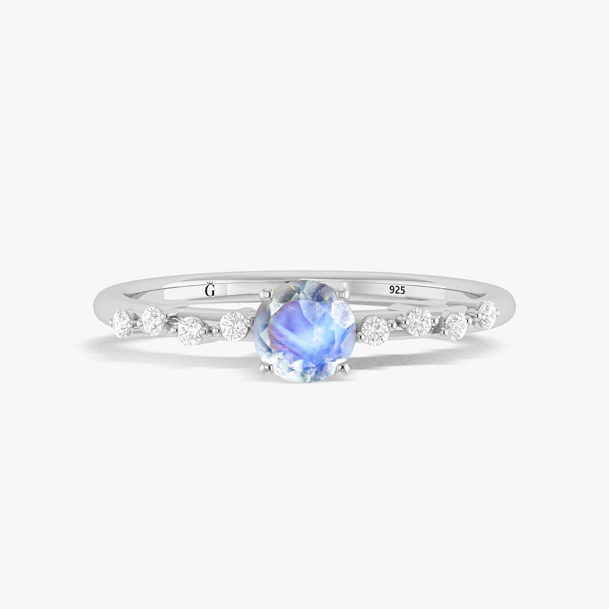 Natural round stone moonstone ring minimalist solitaire with accents in silver rings style