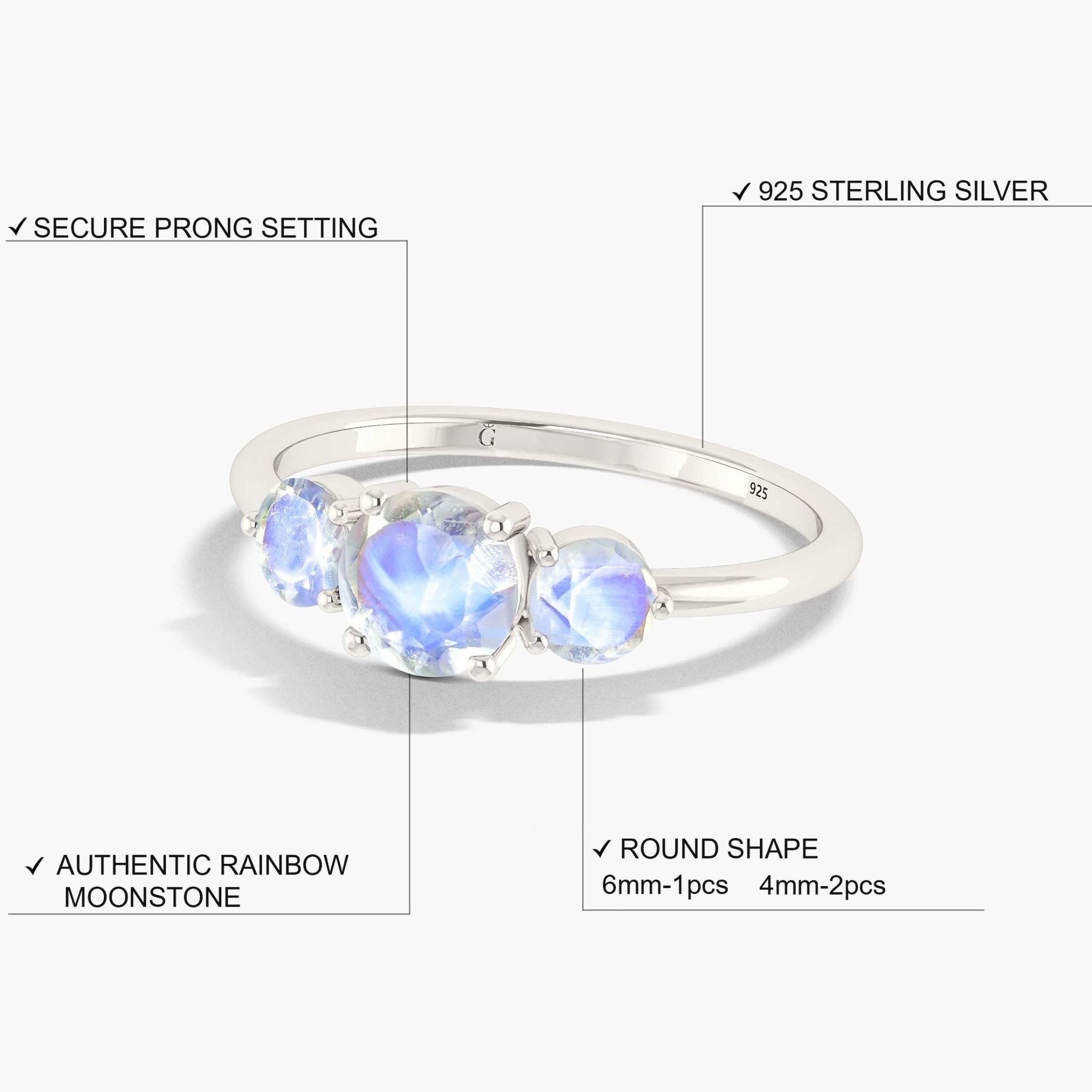Natural Moonstone Three Stone Engagement Ring - Goodstone Jewels