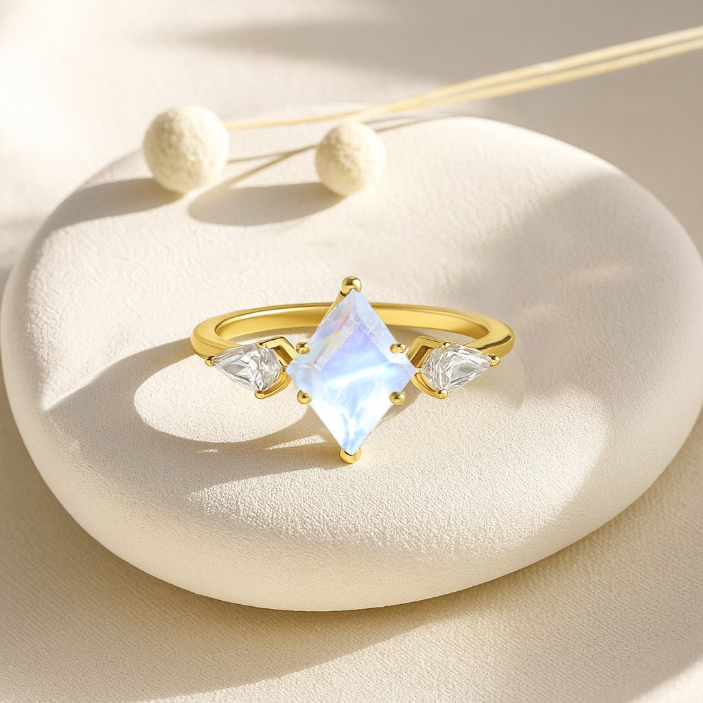 Natural Moonstone Three Stone Ring Wedding, Anniversary, Promise Rings - Goodstone Jewels