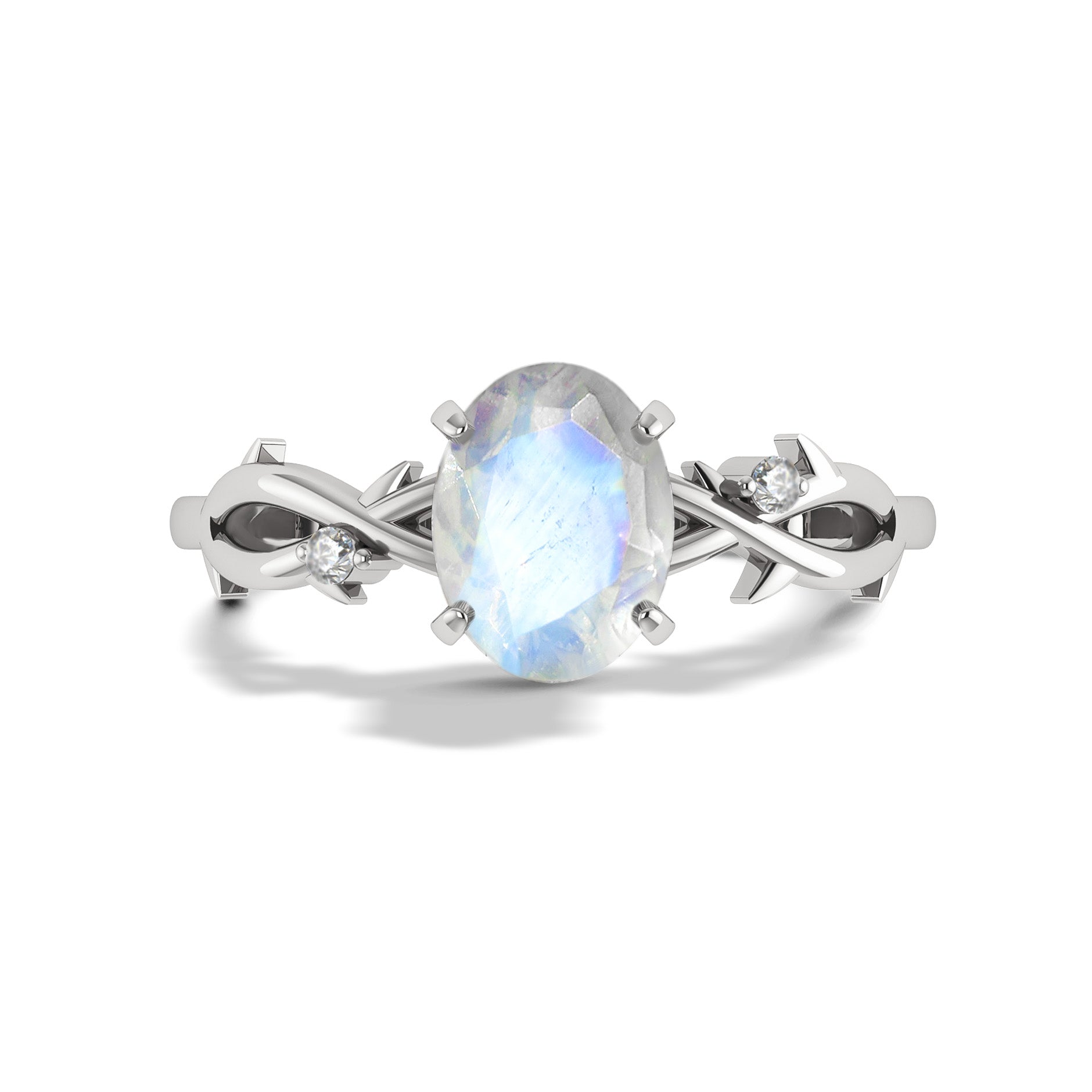 Natural moonstone ring crossover solitaire with side stones in elegant silver rings style