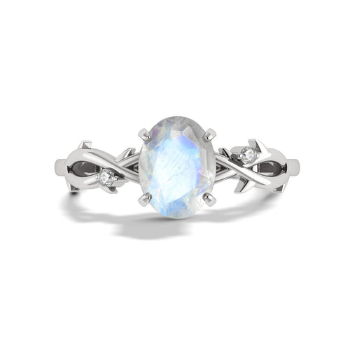 Natural Moonstone with Side Stone Crossover Solitaire Ring