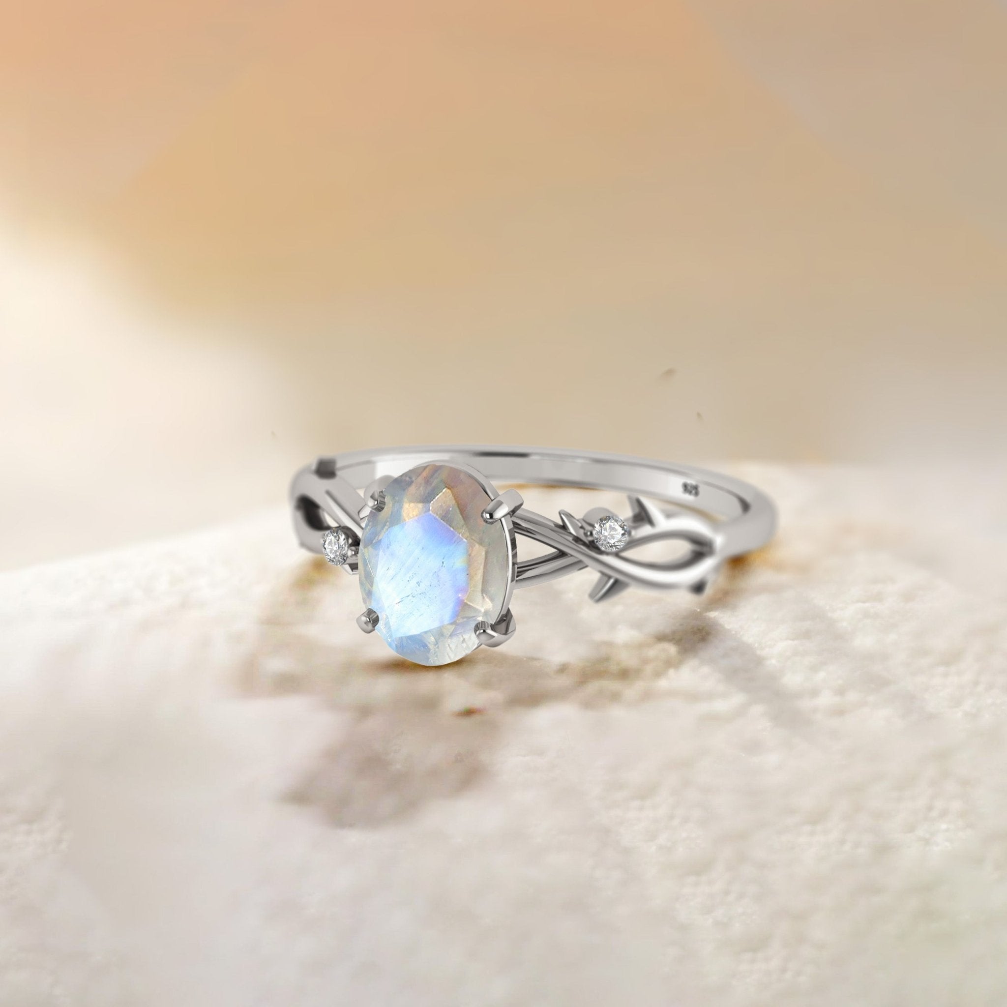Natural Moonstone with Side Stone Crossover Solitaire Ring - Goodstone Jewels