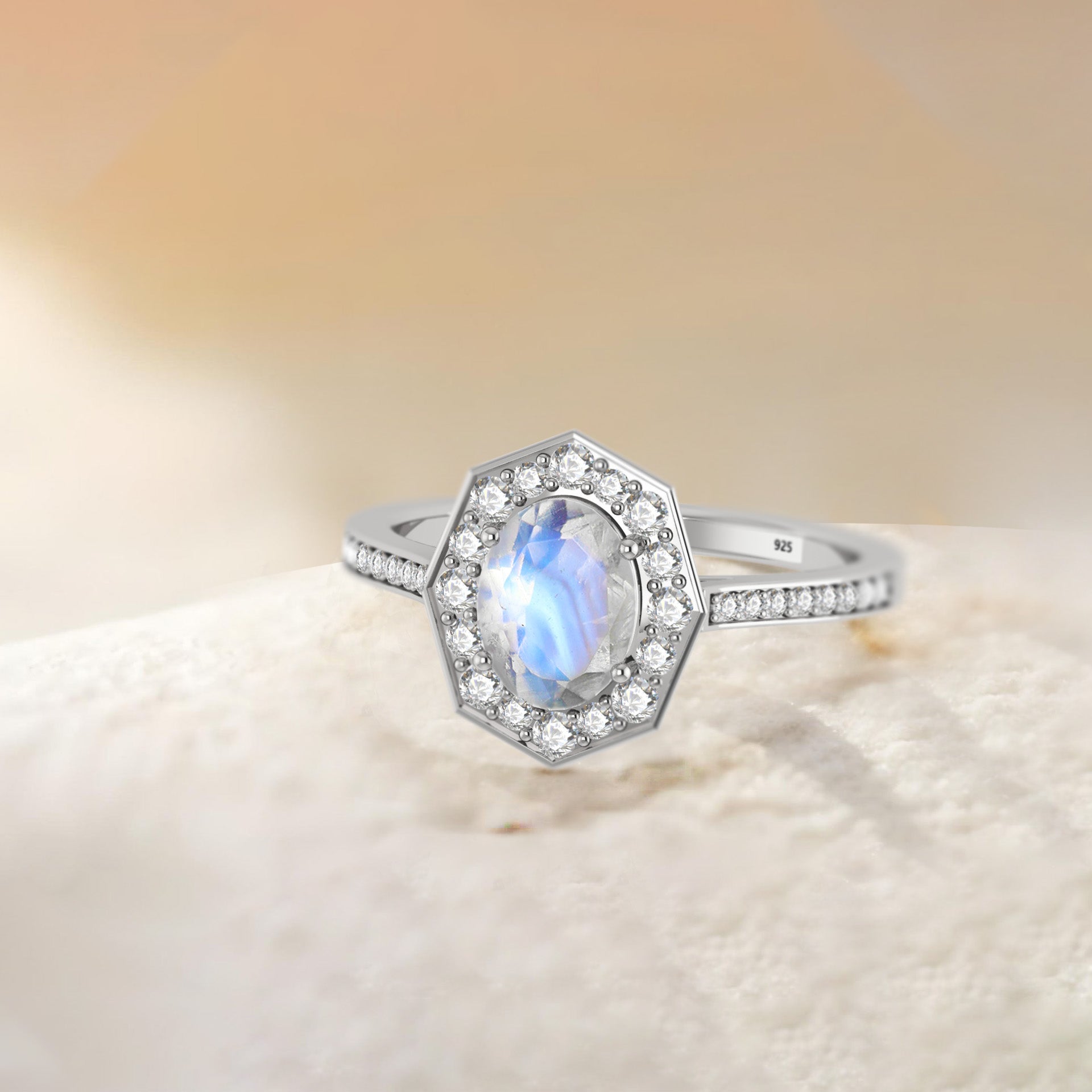 Natural Moonstone with White Zircon Engagement Halo Ring - Goodstone Jewels