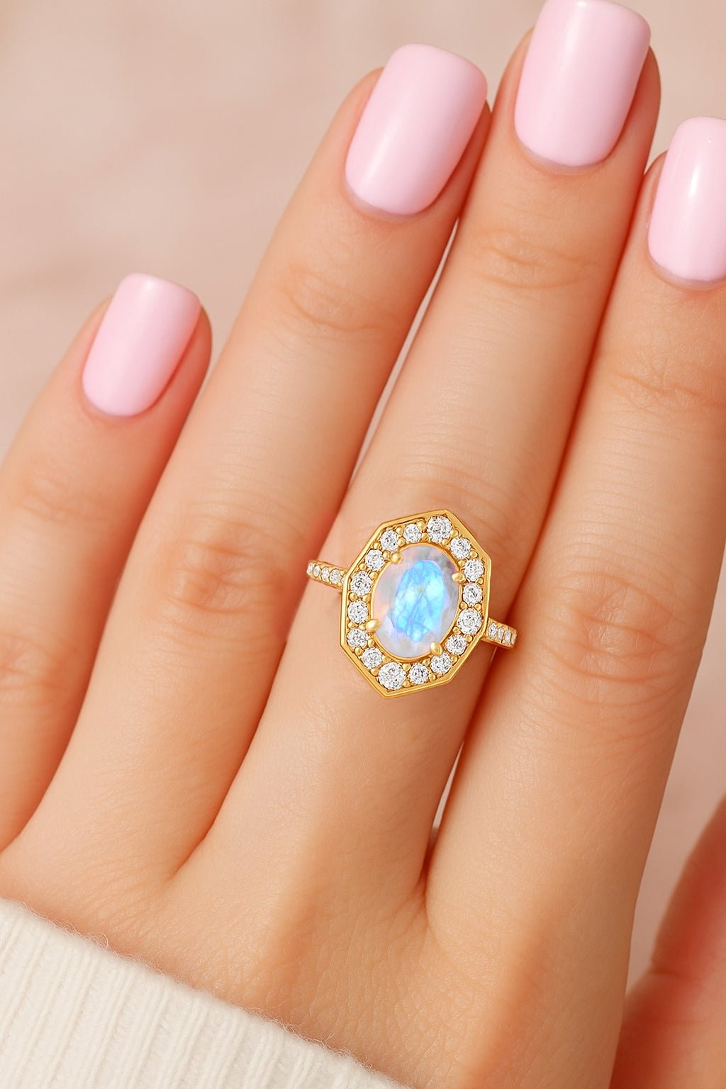 Natural Moonstone with White Zircon Engagement Halo Ring - Goodstone Jewels