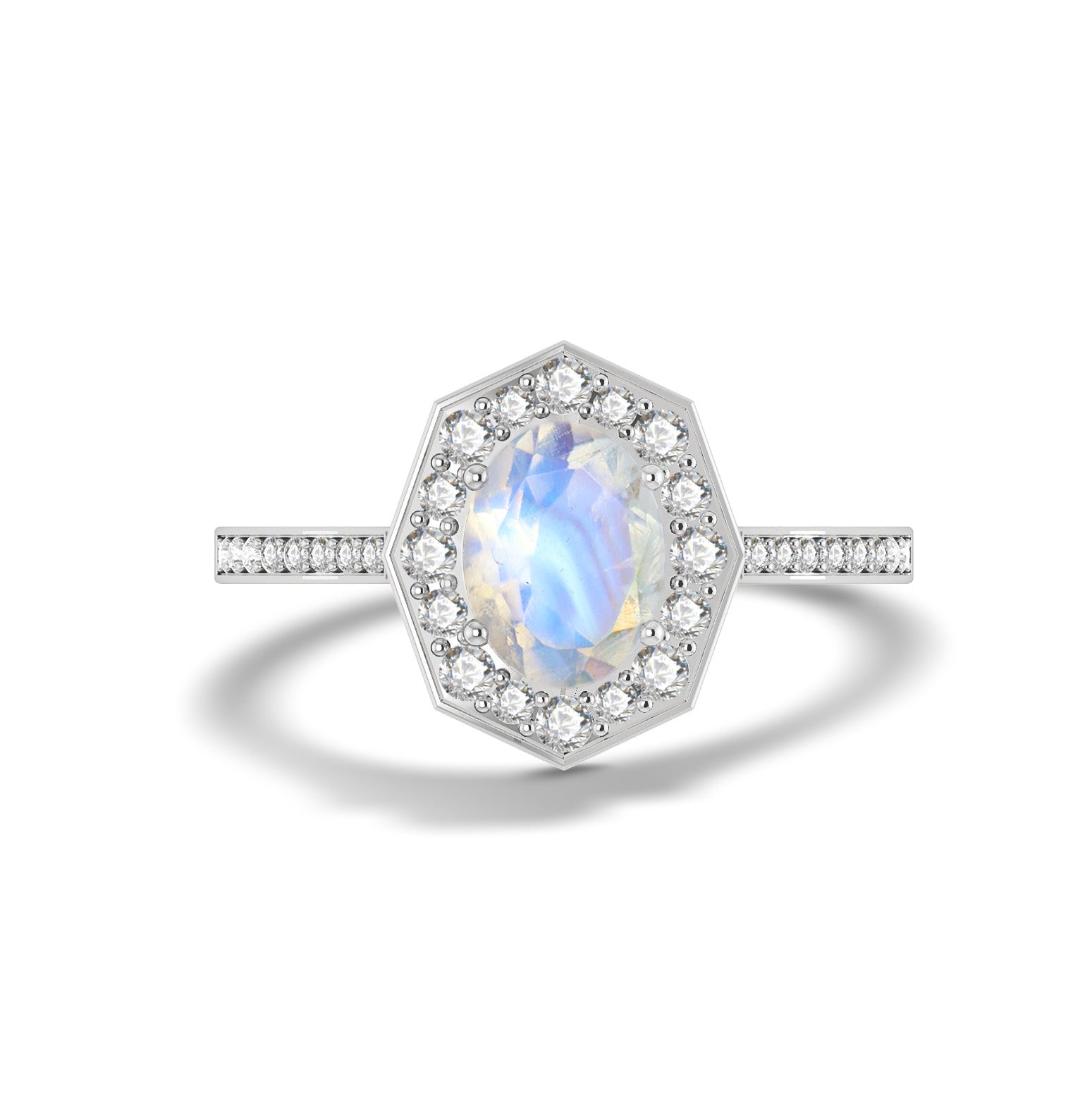 Natural Moonstone with White Zircon Engagement Halo Ring - Goodstone Jewels