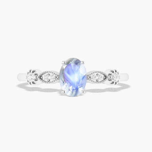 Natural Moonstone with White Zircon Side Stone Solitaire Ring