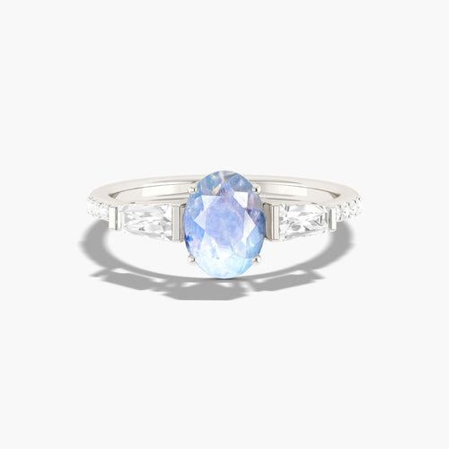 Natural Moonstone with White Zircon Three Stone Engagement Ring