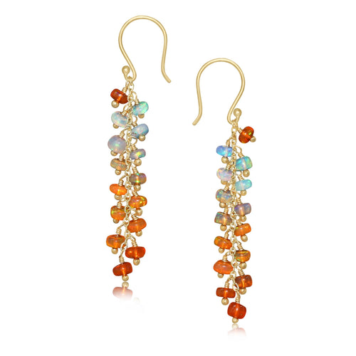 Natural Orange Opal Beaded Long Cluster Dangle Earrings
