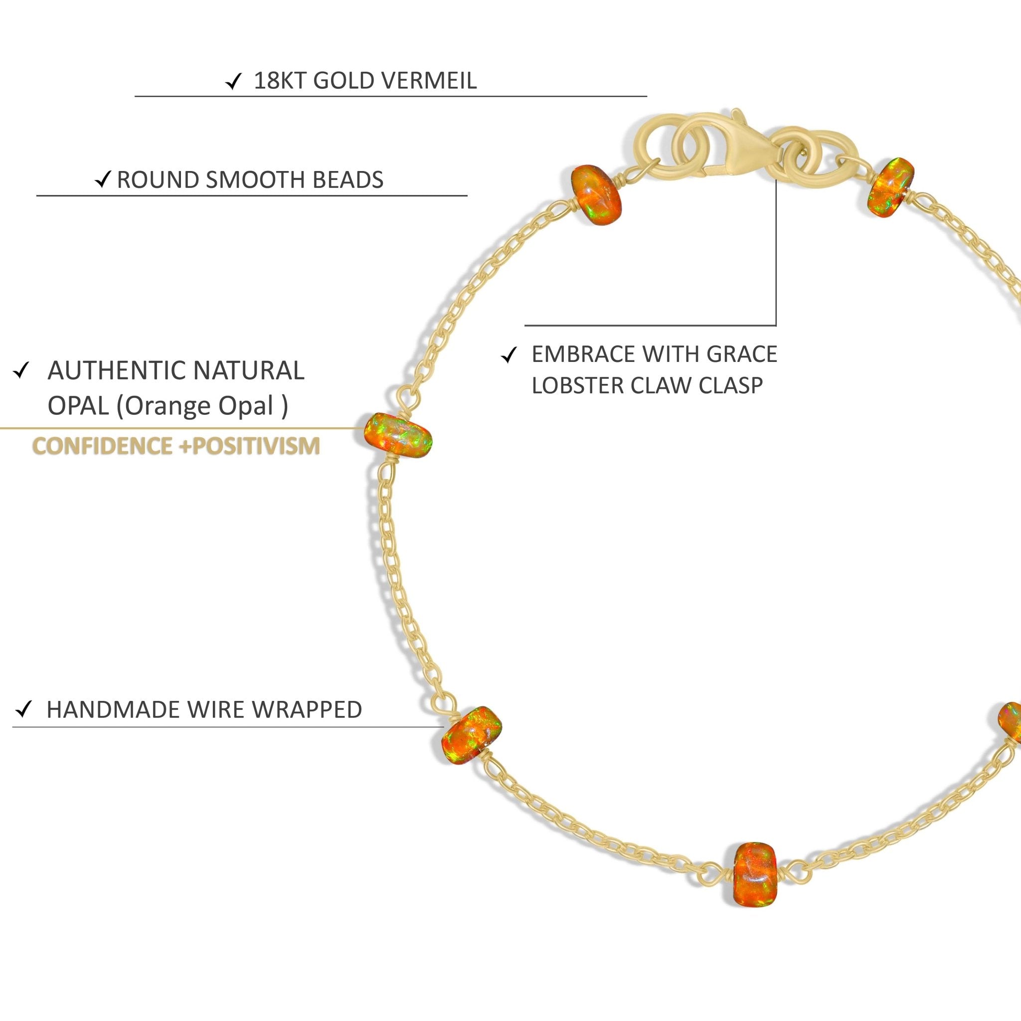 Natural Orange Opal Rondelle Minimalist Chain Beaded Bracelet - Goodstone Jewels