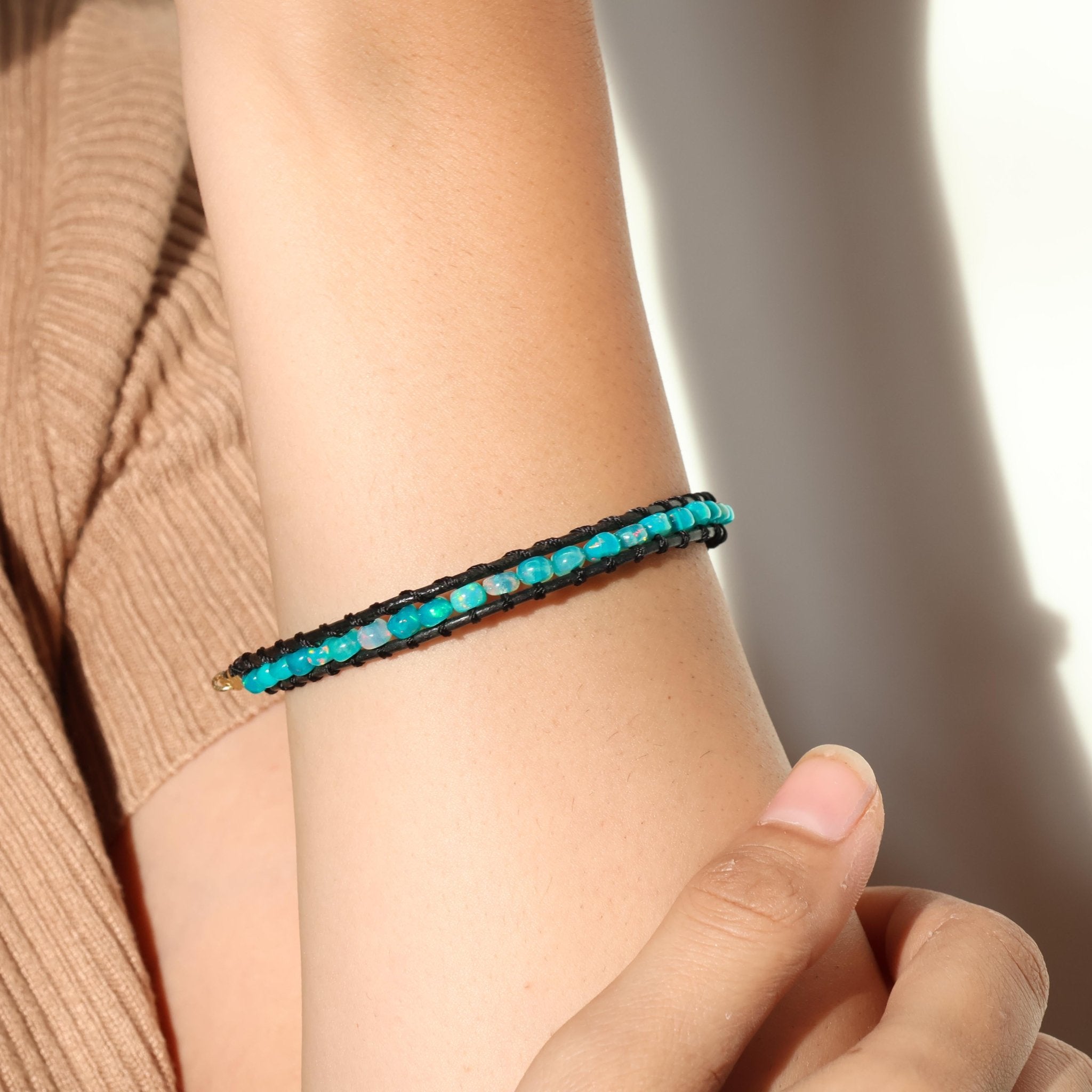 Natural Paraiba Opal Black Rope Beaded Bracelet Smooth Beads - Goodstone Jewels