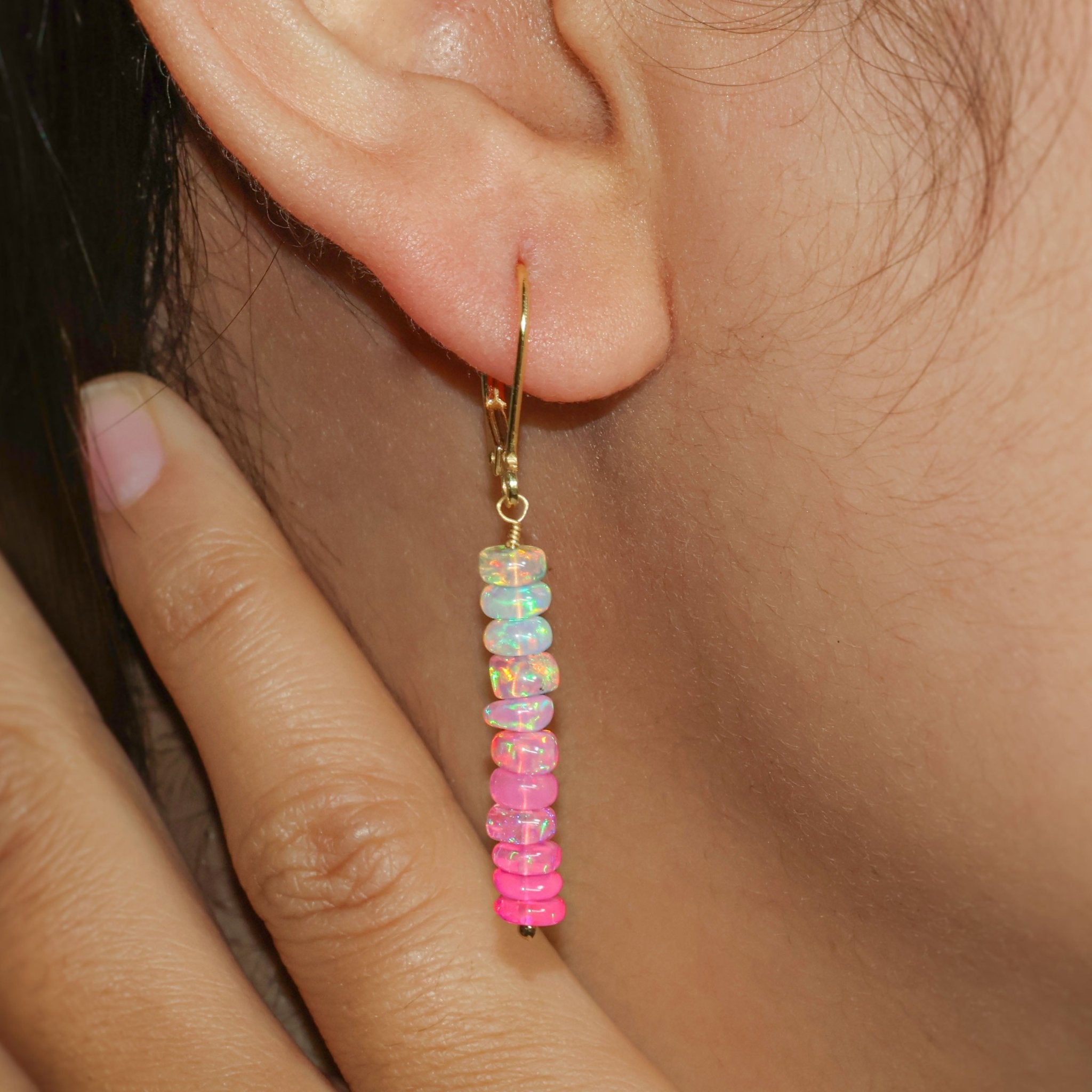 Natural Pink Opal Linear Beaded Dangle Drop Earrings - Goodstone Jewels