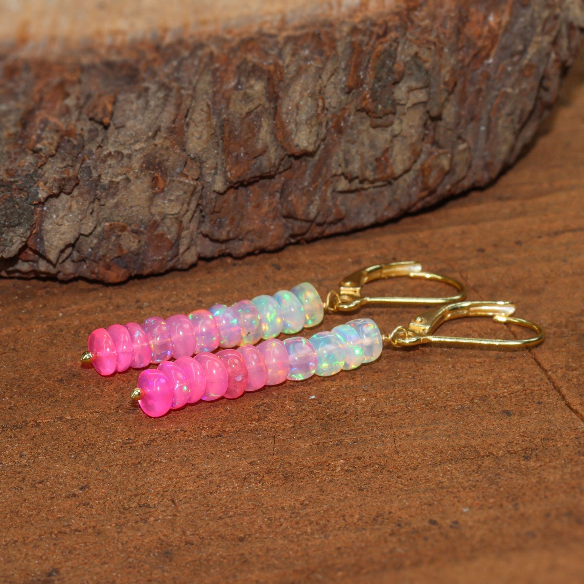 Natural Pink Opal Linear Beaded Dangle Drop Earrings - Goodstone Jewels