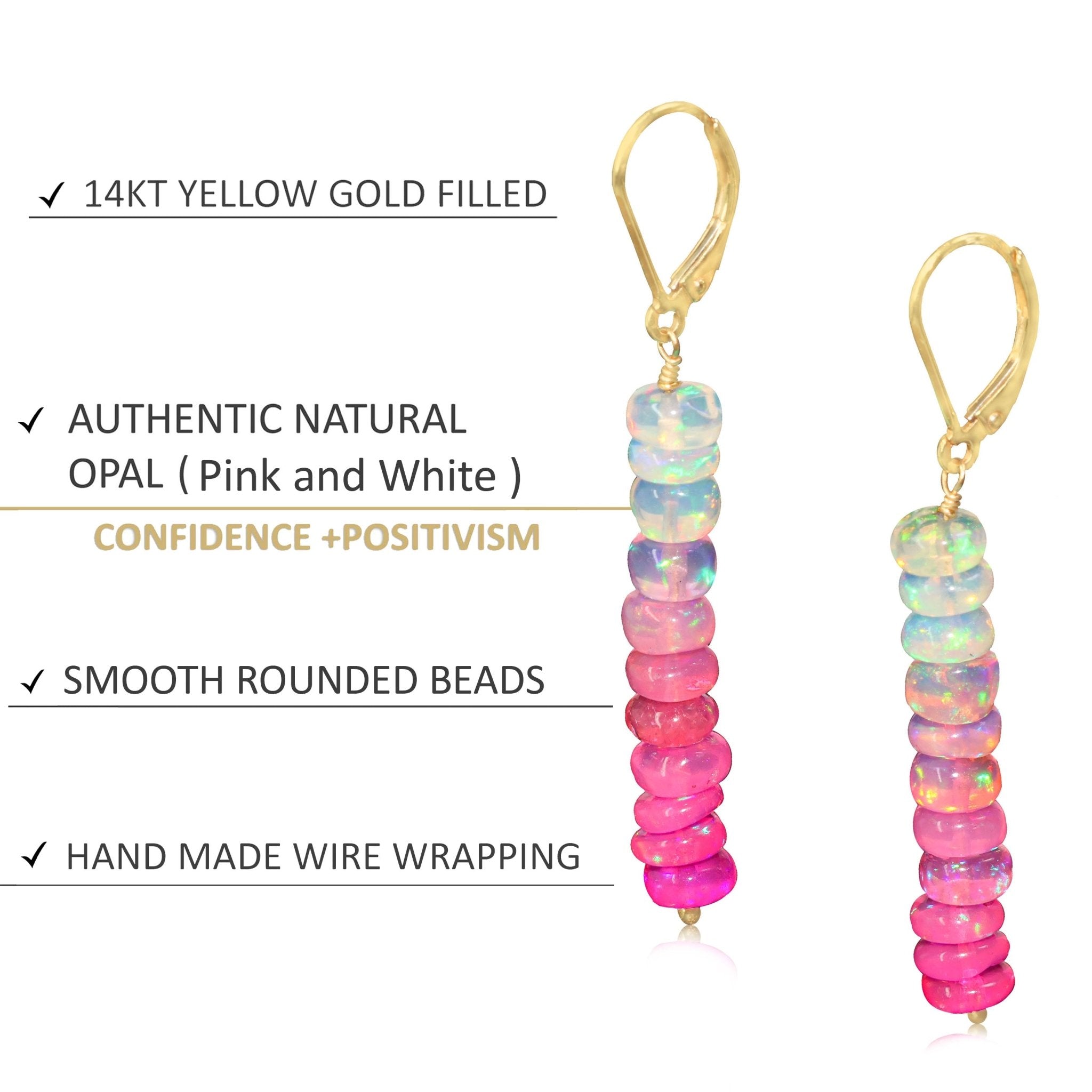 Natural Pink Opal Linear Beaded Dangle Drop Earrings - Goodstone Jewels