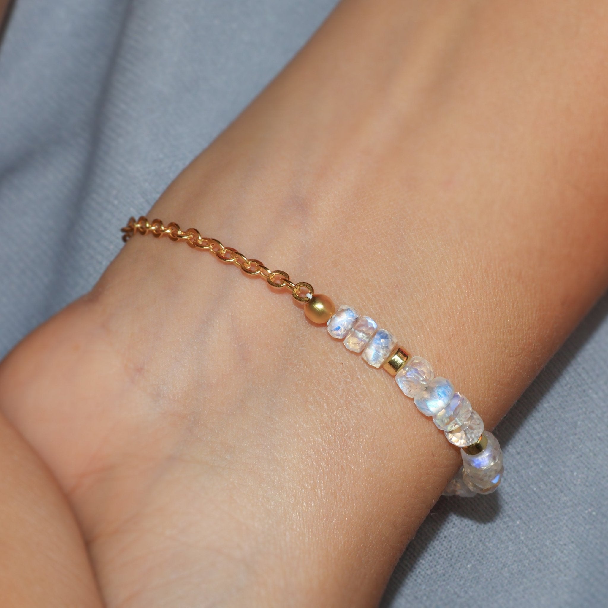 Natural rainbow moonstone faceted beads chain bracelet - Goodstone Jewels