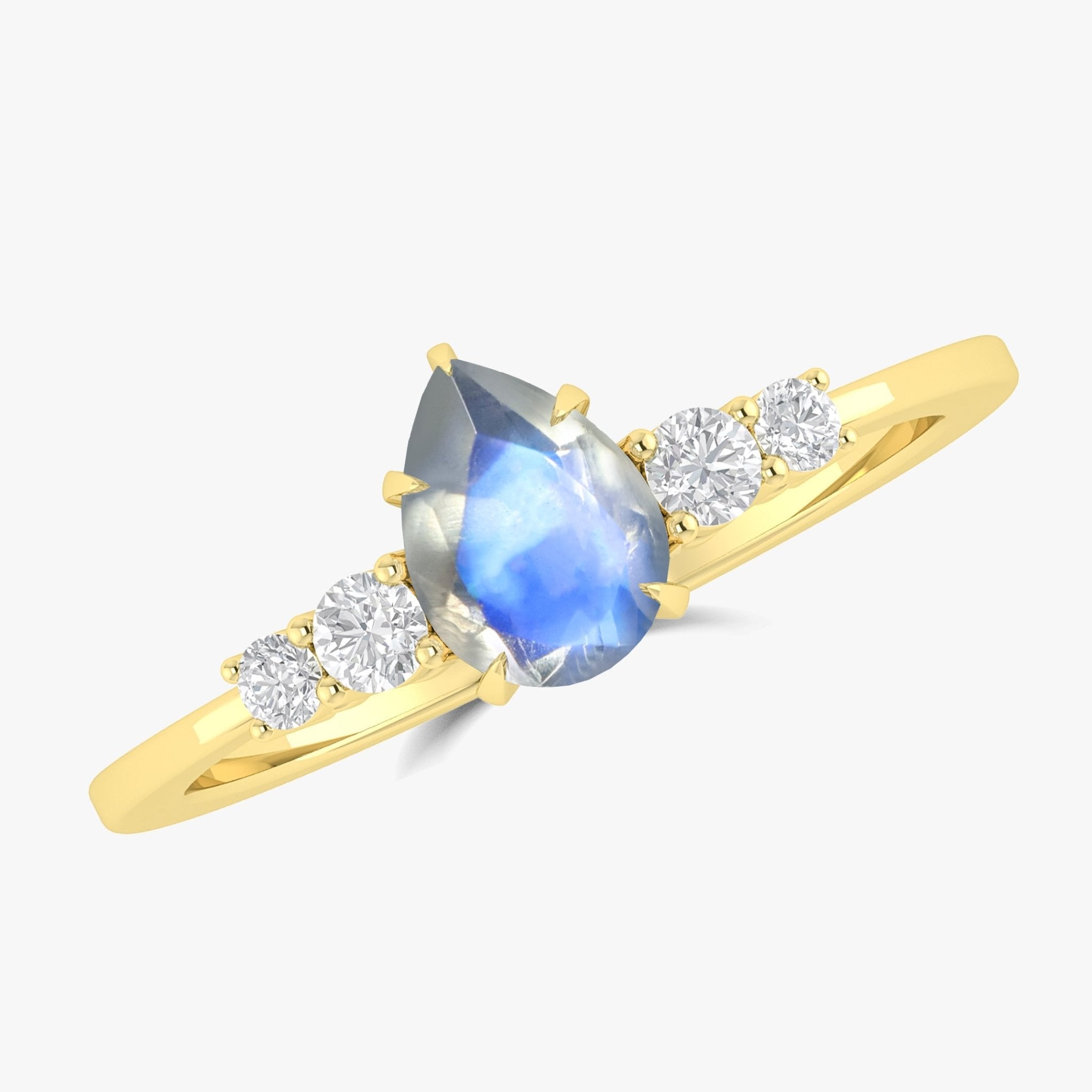 Natural rainbow moonstone ring faceted pear shape in elegant gold plated rings style