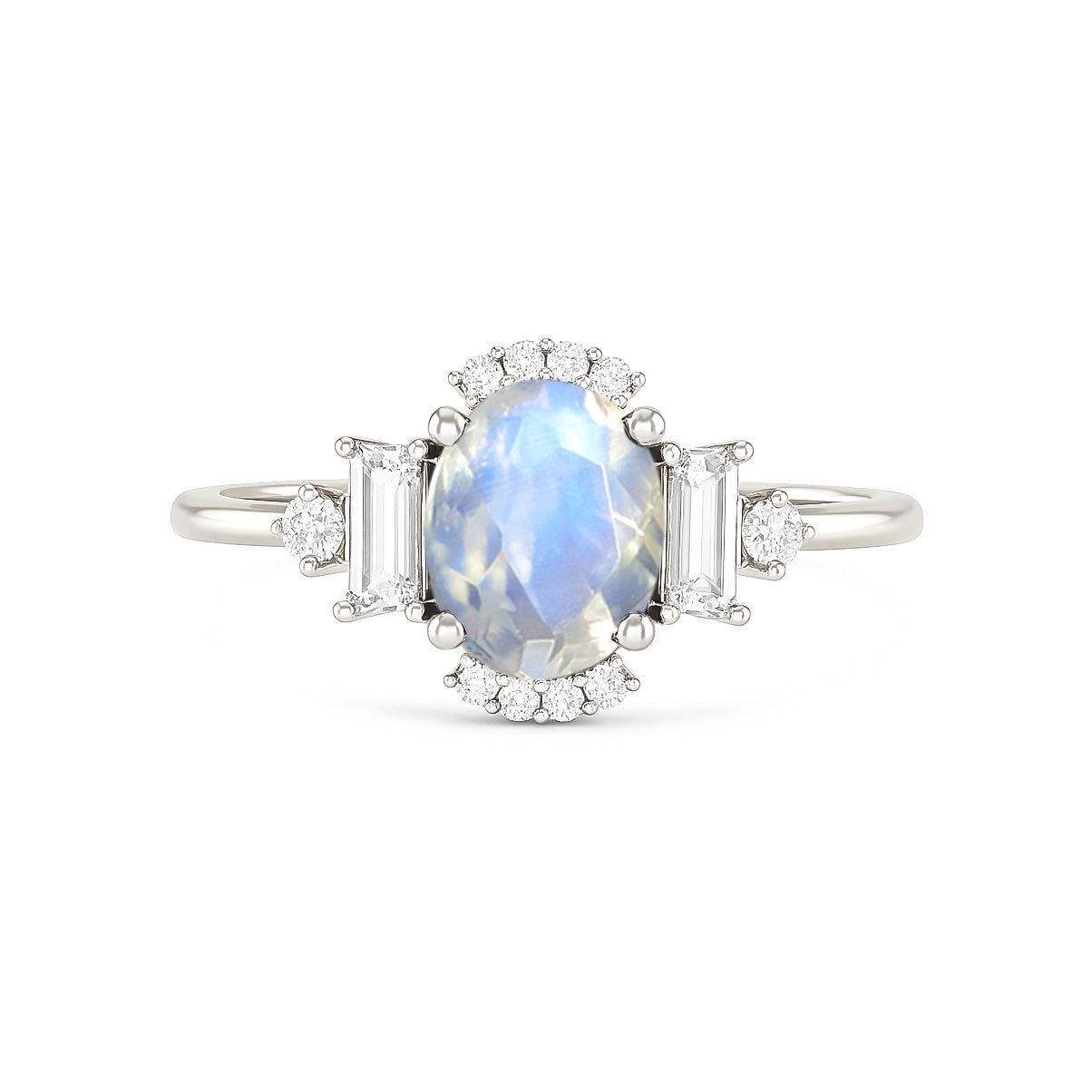 Moonstone ring halo wedding design in sterling silver, elegant silver rings for