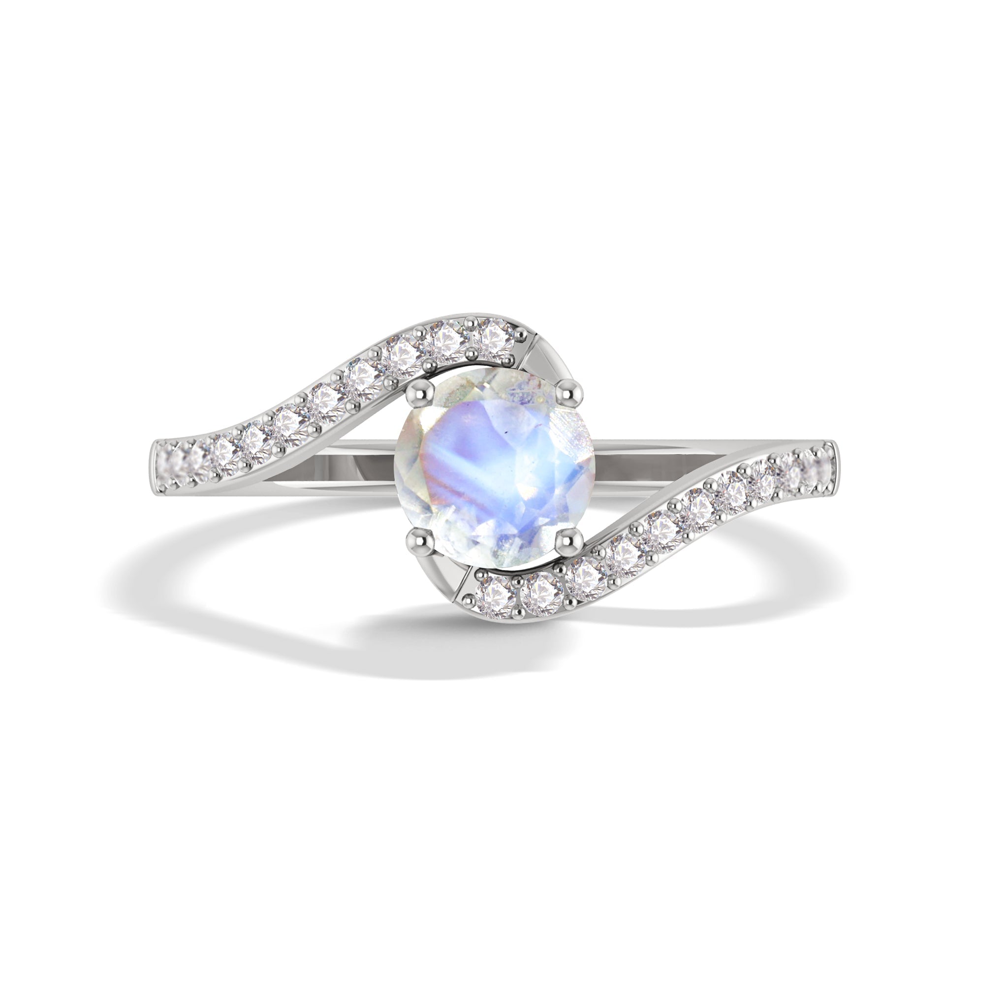 Natural Rainbow Moonstone with White Zicon Bypass Ring for Her - Goodstone Jewels