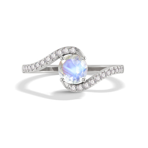 Natural Rainbow Moonstone with White Zircon Bypass Ring for Her